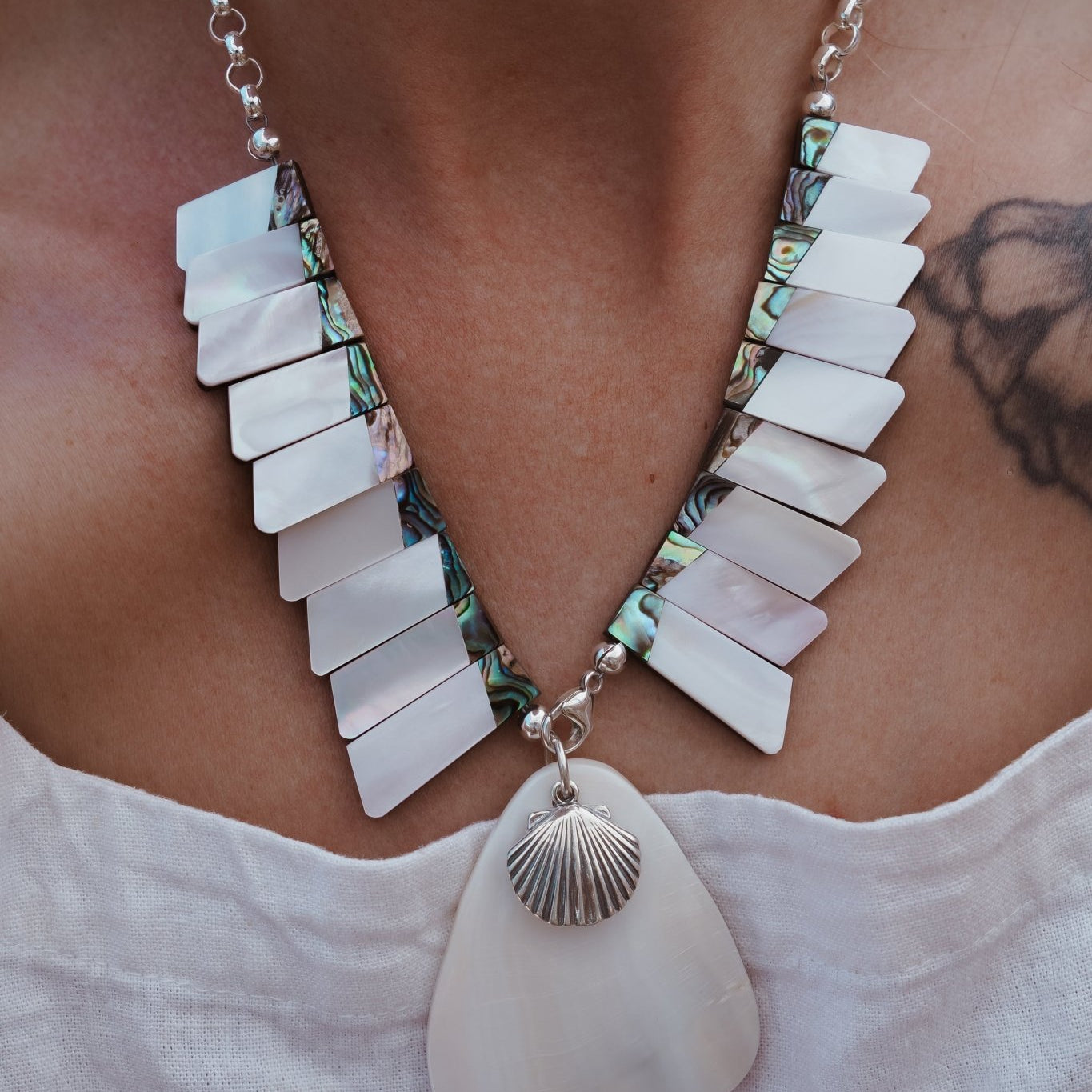 Collar with Pearl + Shell and Abalone Shell - Golden Road Crafted