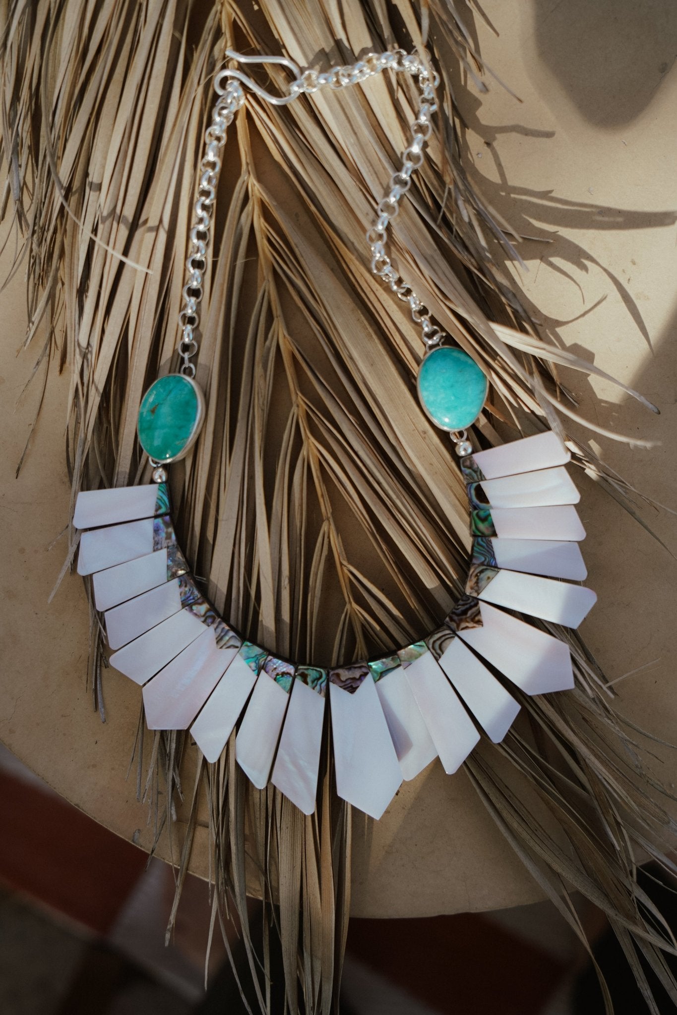 Collar with Pearl + Shell and Royston Turquoise - Golden Road Crafted