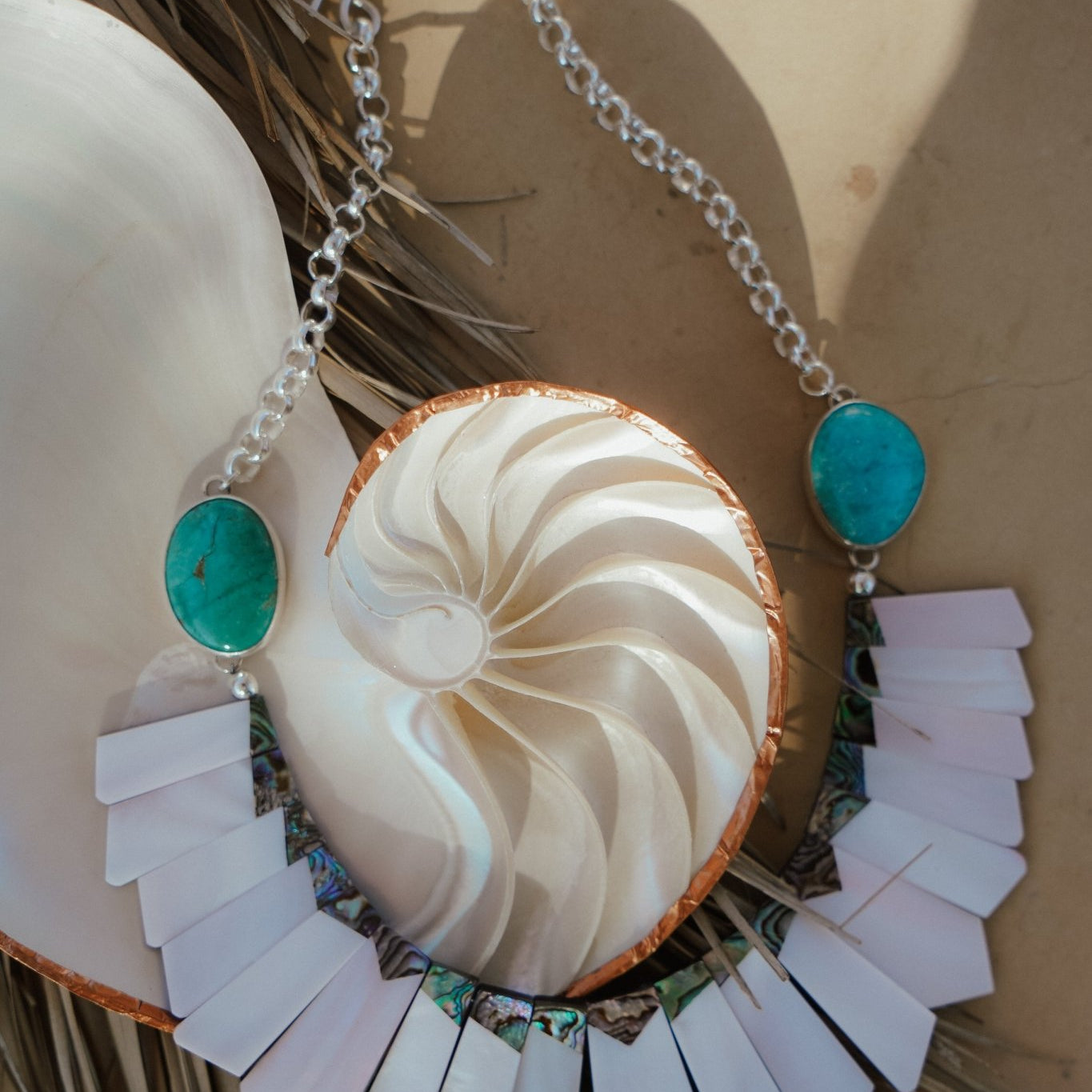 Collar with Pearl + Shell and Royston Turquoise - Golden Road Crafted