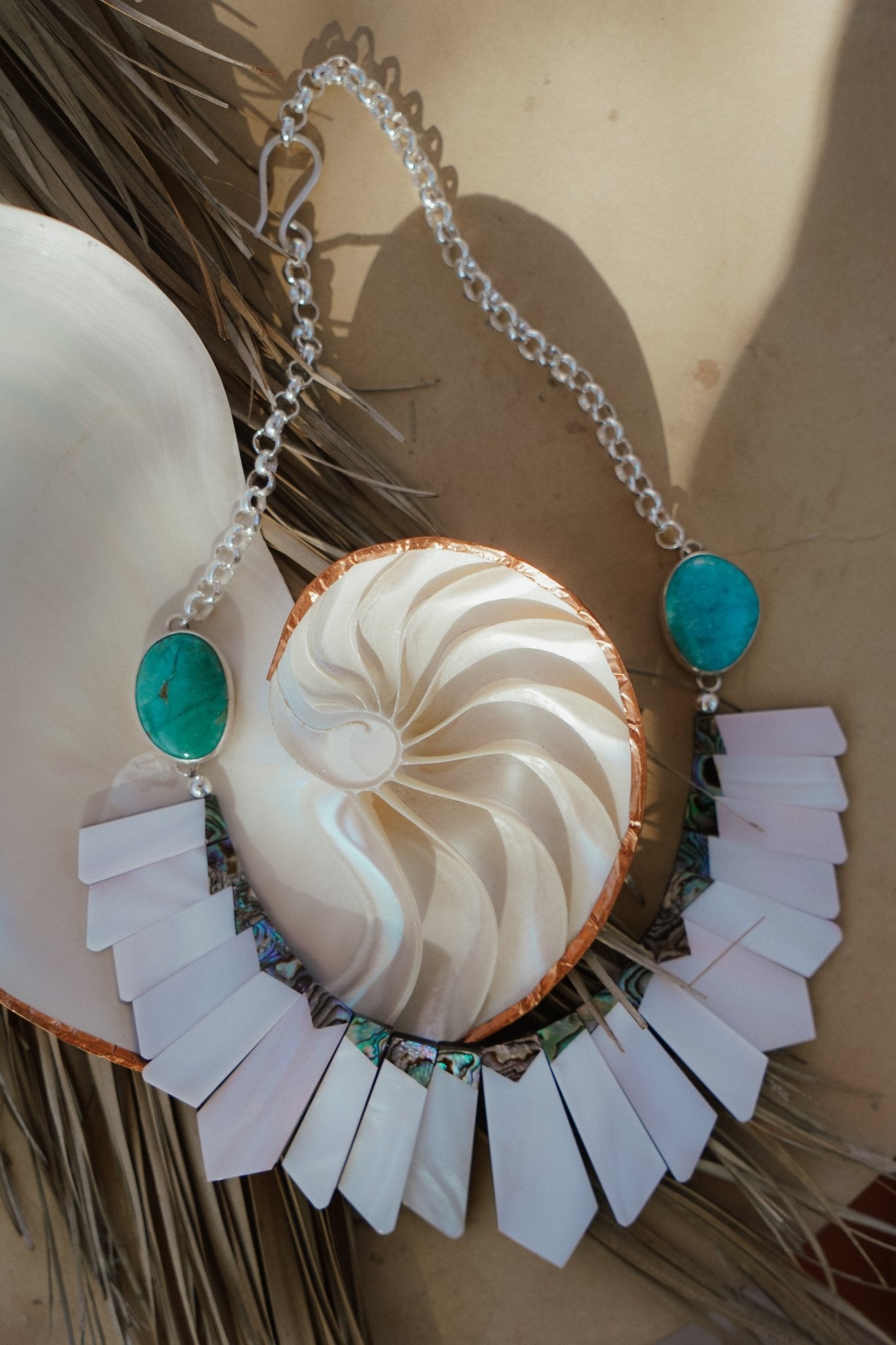 Collar with Pearl + Shell and Royston Turquoise - Golden Road Crafted