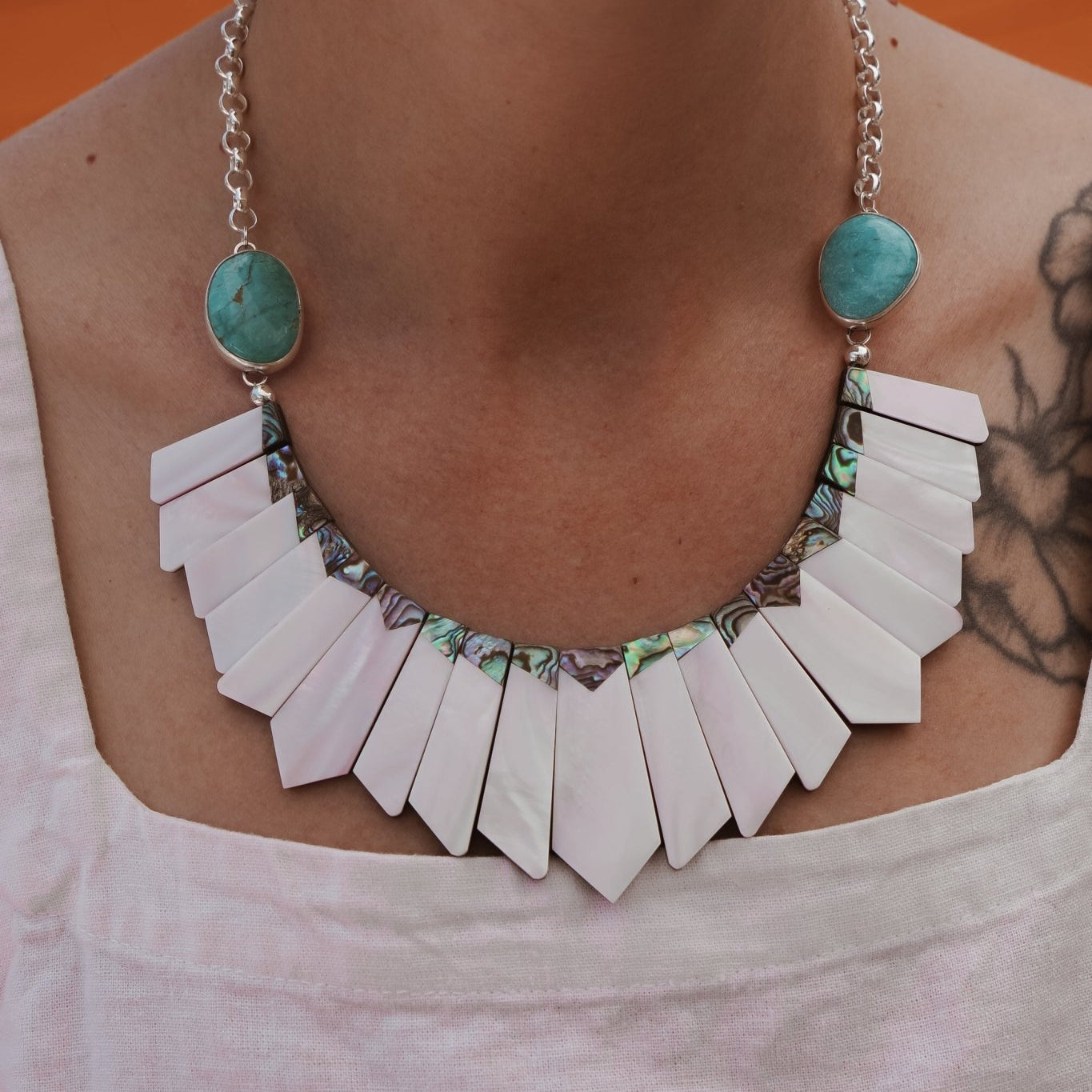 Collar with Pearl + Shell and Royston Turquoise - Golden Road Crafted