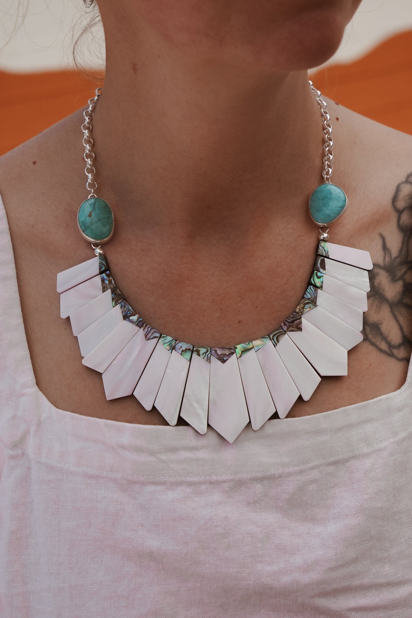 Collar with Pearl + Shell and Royston Turquoise - Golden Road Crafted