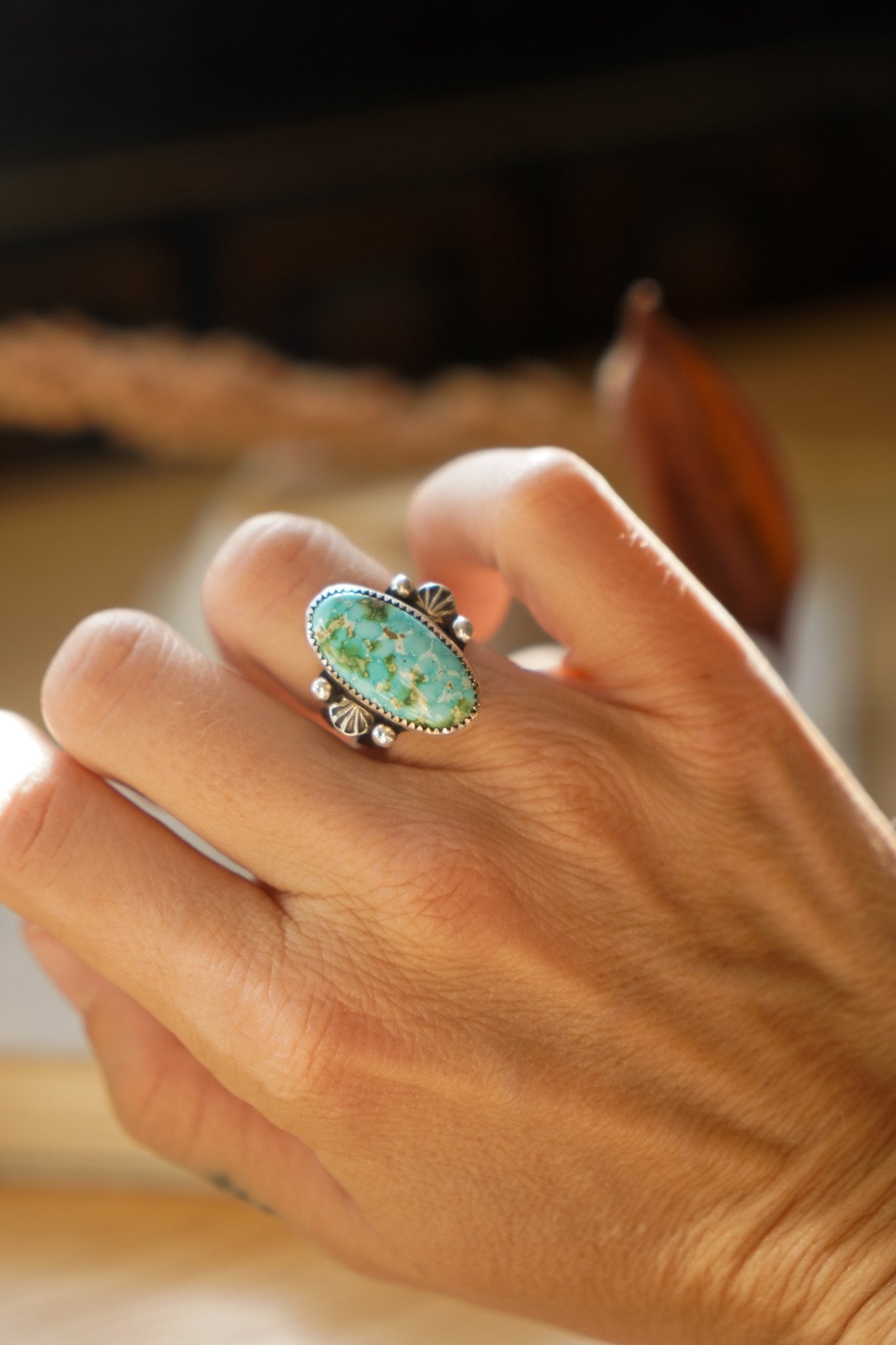 Creosote Ring in Sonoran Mountain Turquoise (size 6.5) - Golden Road Crafted