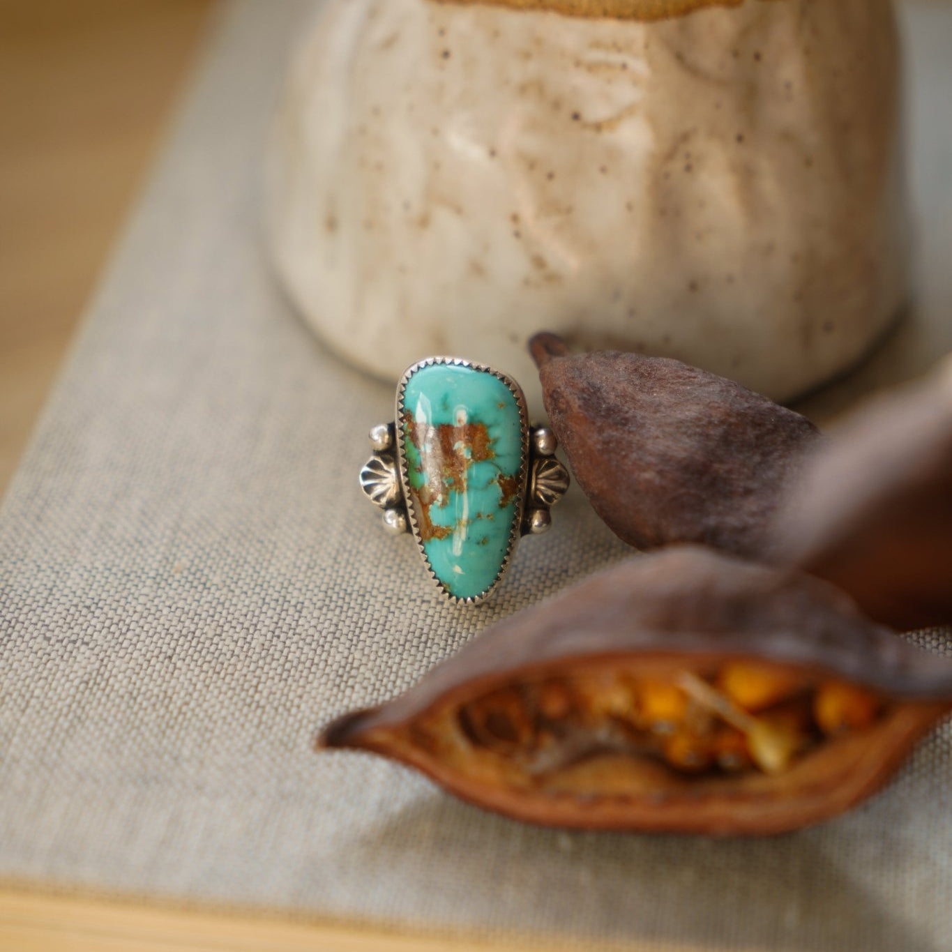 Creosote Ring in Sonoran Mountain Turquoise (size 7.5) - Golden Road Crafted