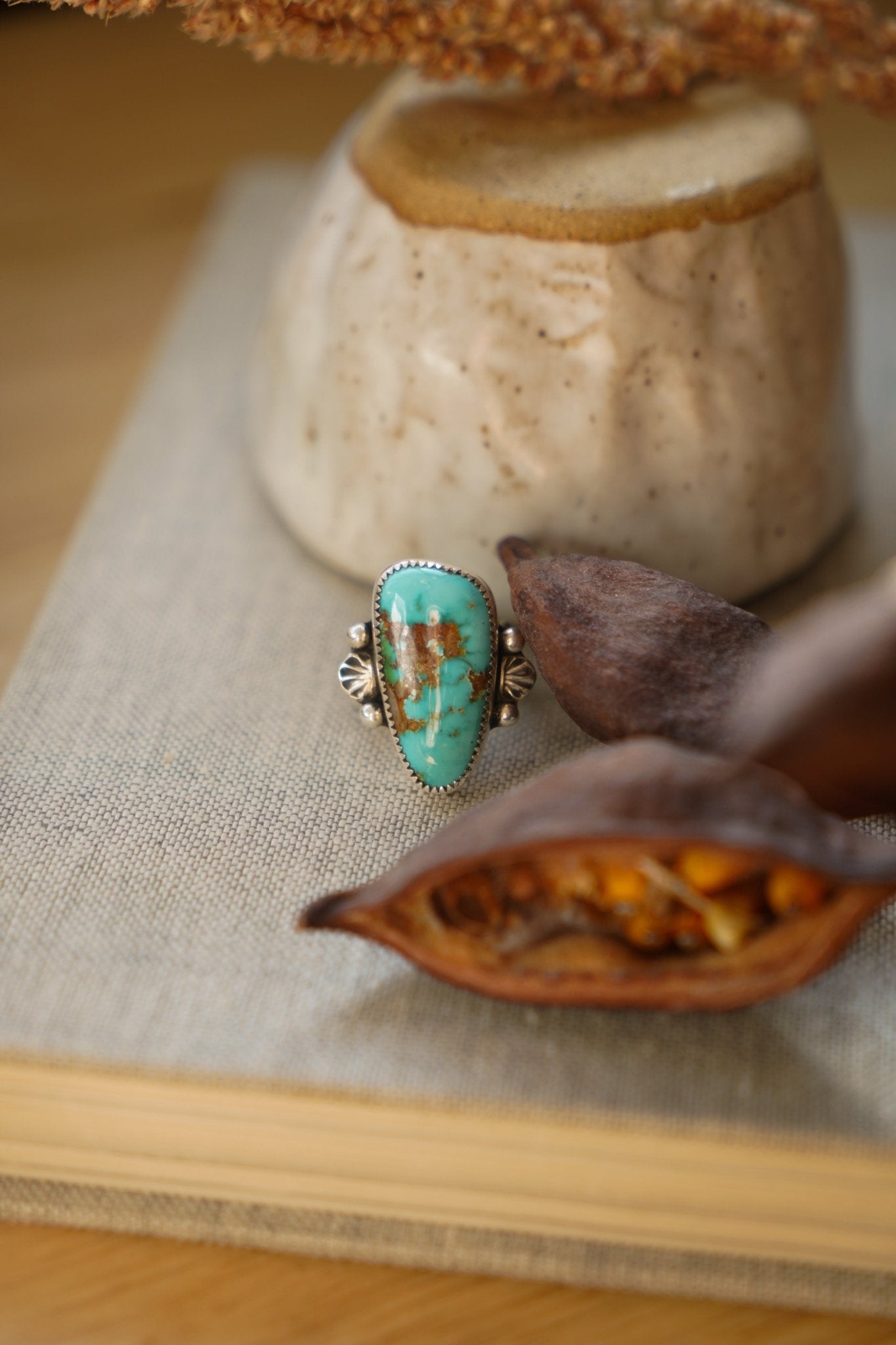 Creosote Ring in Sonoran Mountain Turquoise (size 7.5) - Golden Road Crafted