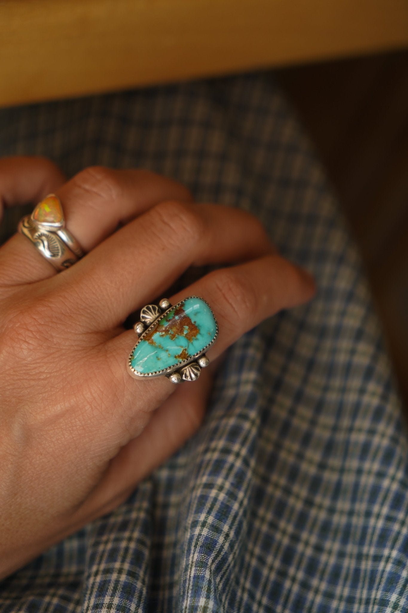 Creosote Ring in Sonoran Mountain Turquoise (size 7.5) - Golden Road Crafted