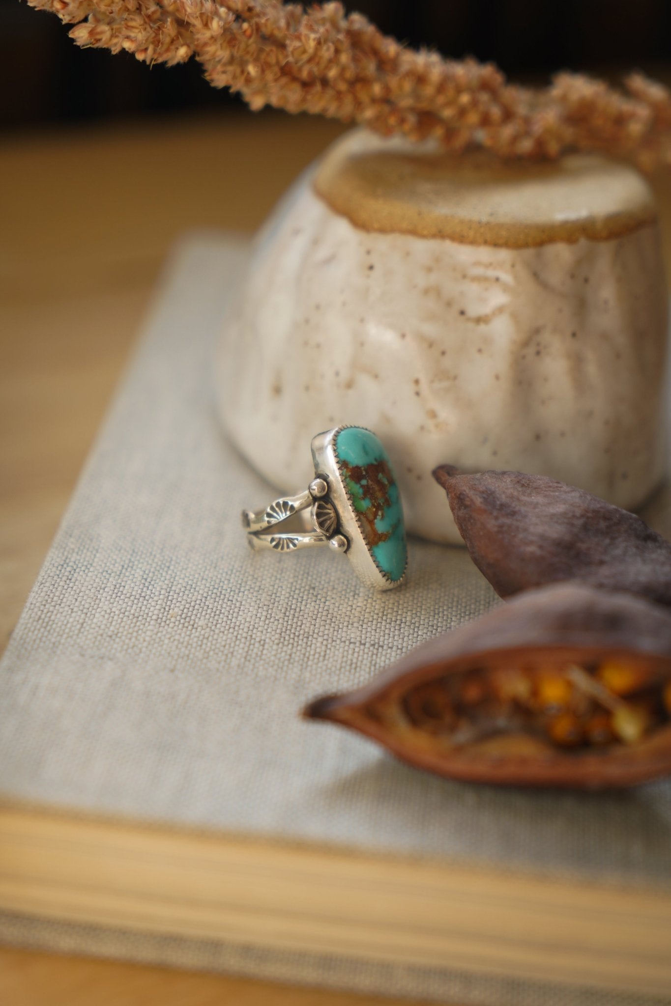 Creosote Ring in Sonoran Mountain Turquoise (size 7.5) - Golden Road Crafted