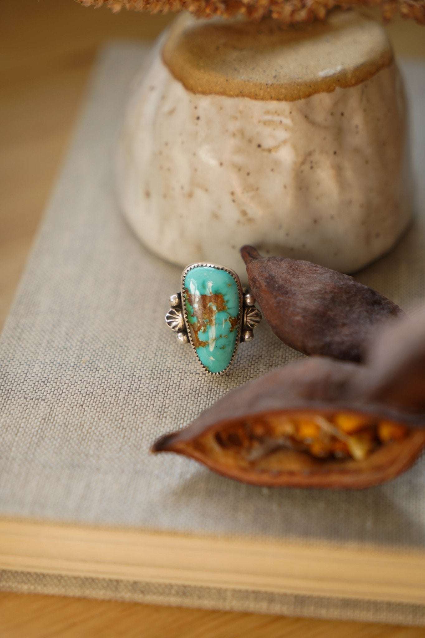 Creosote Ring in Sonoran Mountain Turquoise (size 7.5) - Golden Road Crafted
