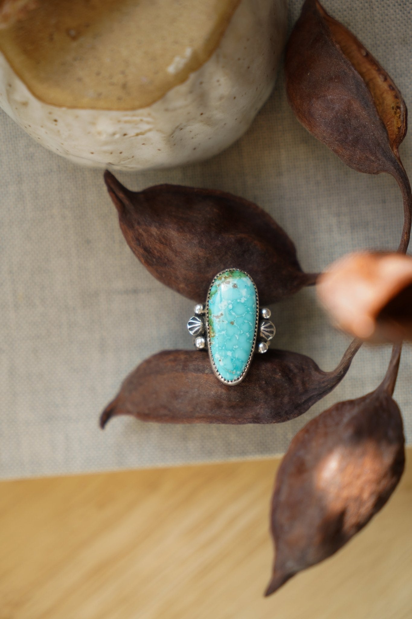 Creosote Ring in Sonoran Mountain Turquoise (size 8) - Golden Road Crafted
