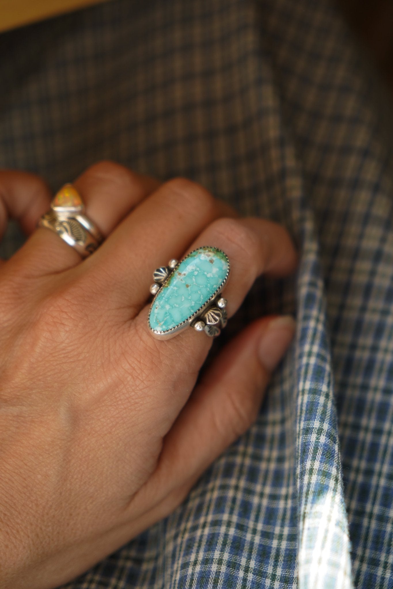 Creosote Ring in Sonoran Mountain Turquoise (size 8) - Golden Road Crafted