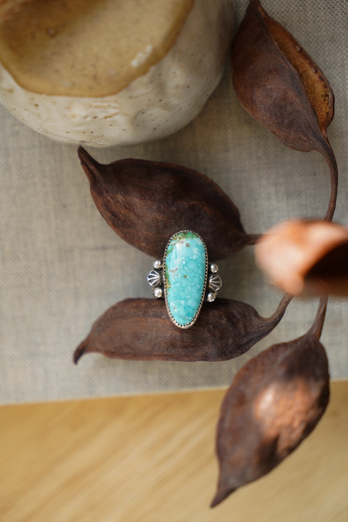 Creosote Ring in Sonoran Mountain Turquoise (size 8) - Golden Road Crafted