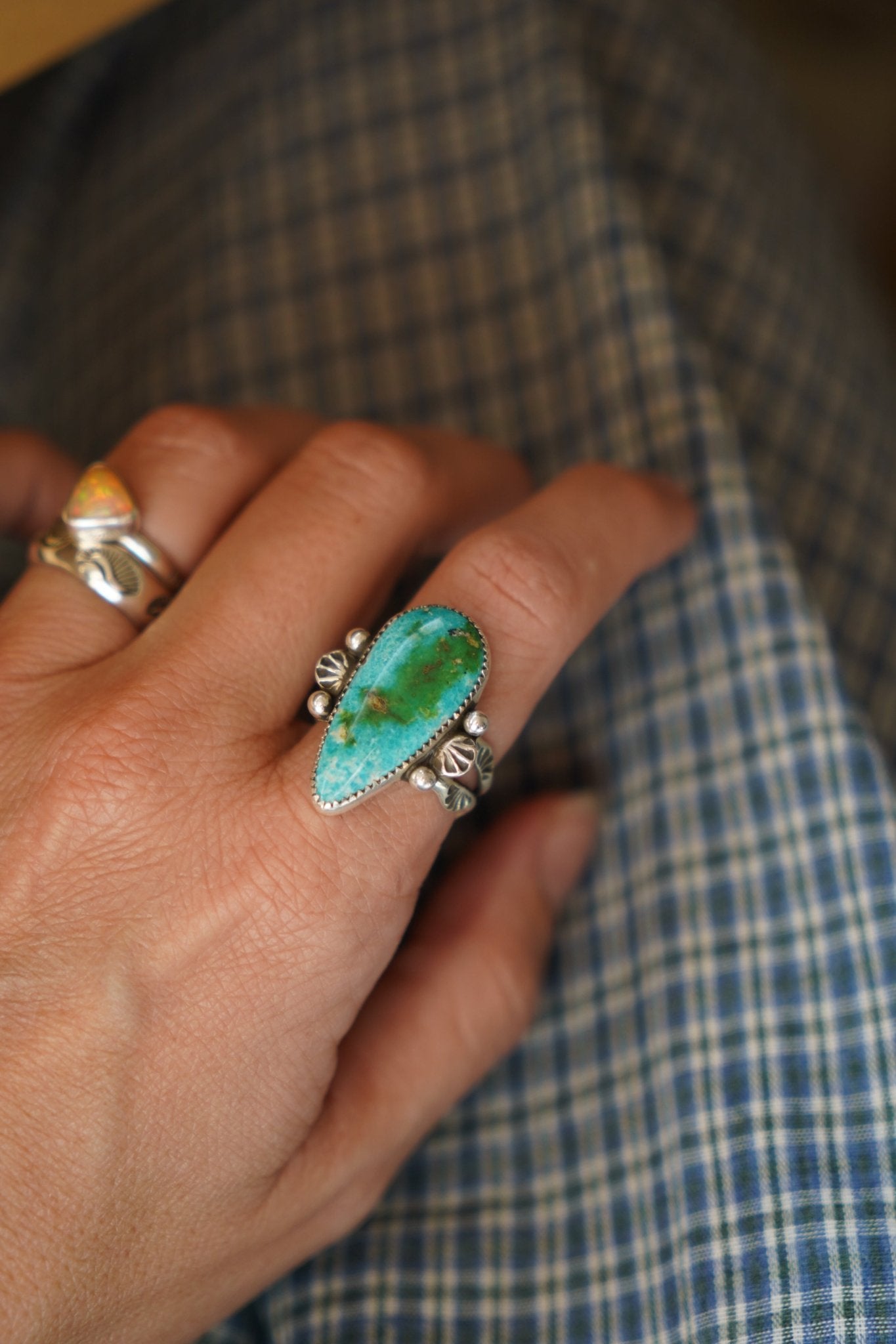 Creosote Ring in Sonoran Mountain Turquoise (size 8.5) - Golden Road Crafted