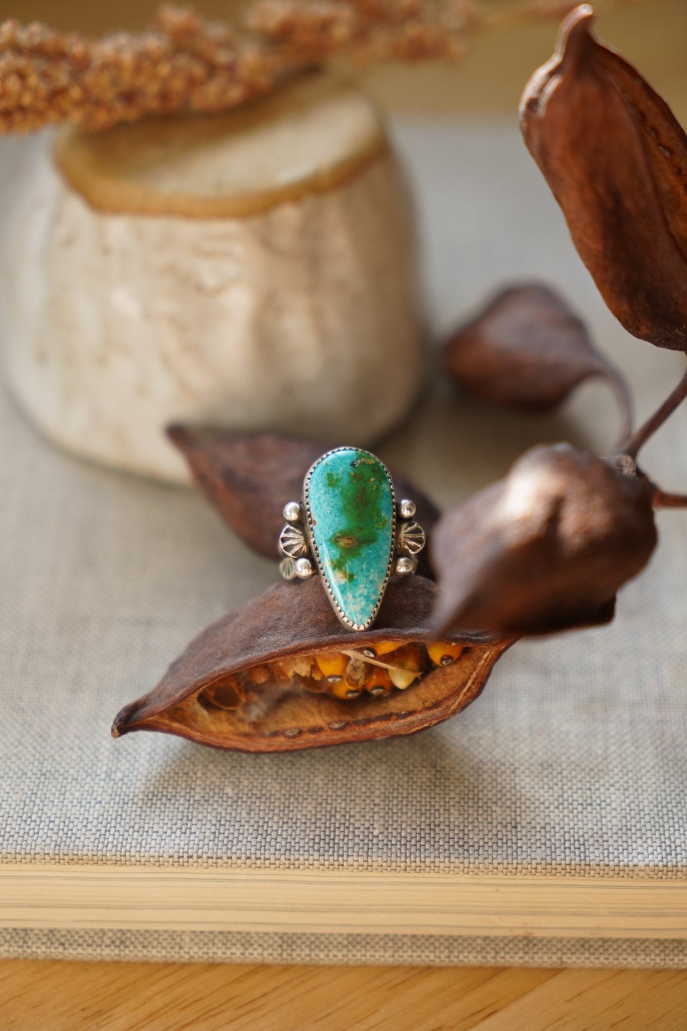 Creosote Ring in Sonoran Mountain Turquoise (size 8.5) - Golden Road Crafted