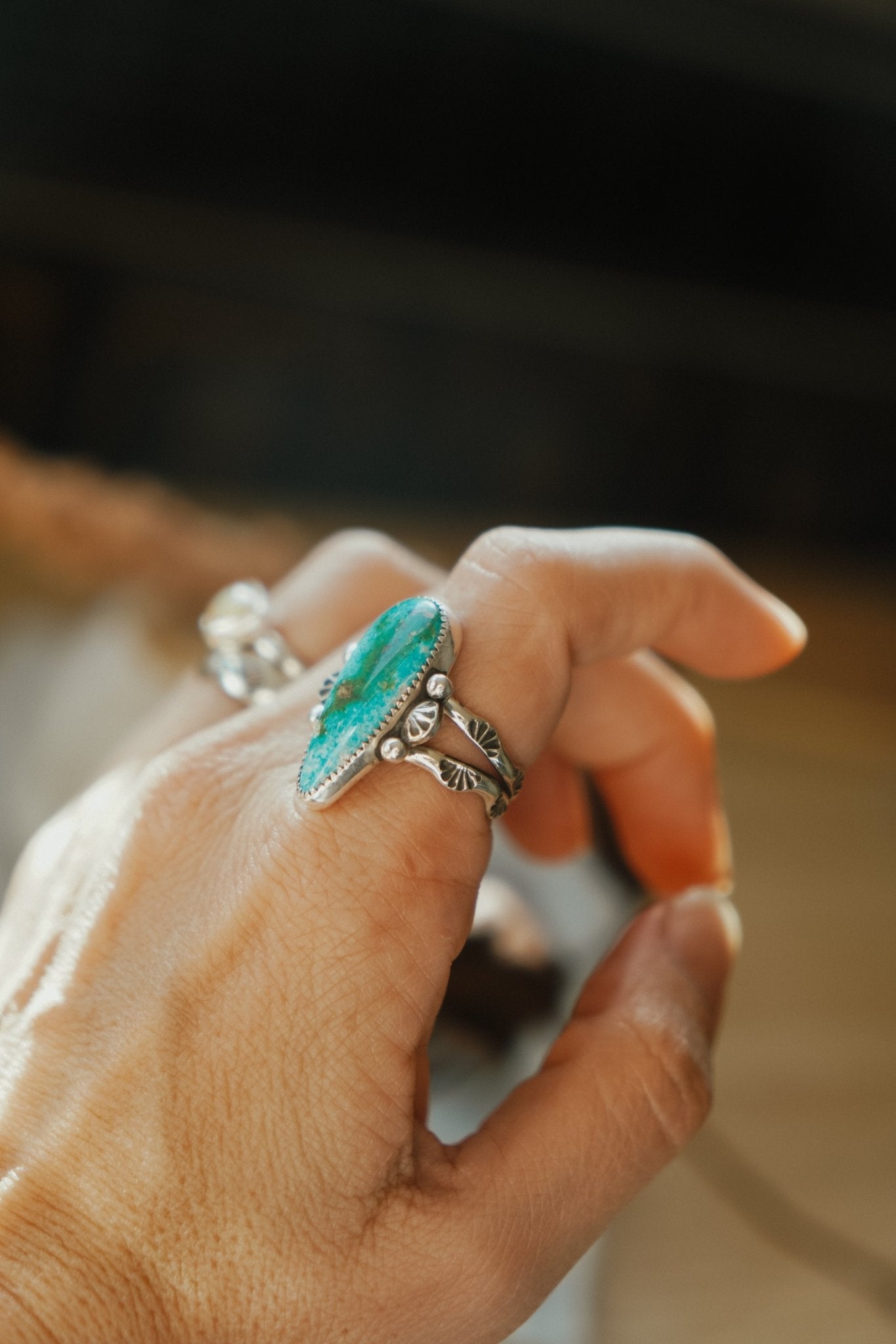 Creosote Ring in Sonoran Mountain Turquoise (size 8.5) - Golden Road Crafted