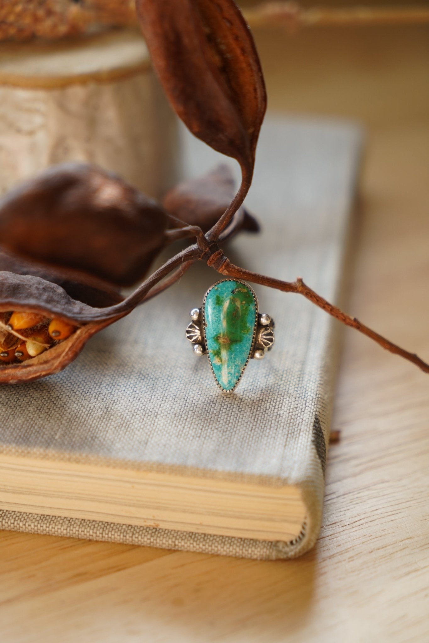 Creosote Ring in Sonoran Mountain Turquoise (size 8.5) - Golden Road Crafted