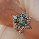 Cuff in Kingman, Hubei, and Rainbow Moonstone - Golden Road Crafted