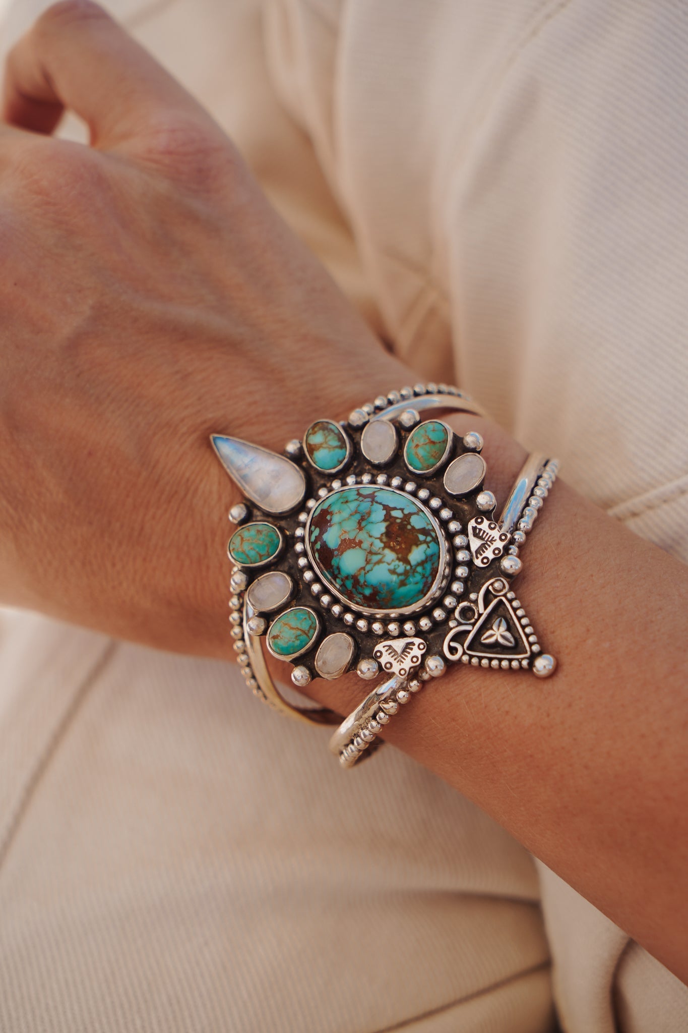 Cuff in Kingman, Hubei, and Rainbow Moonstone - Golden Road Crafted