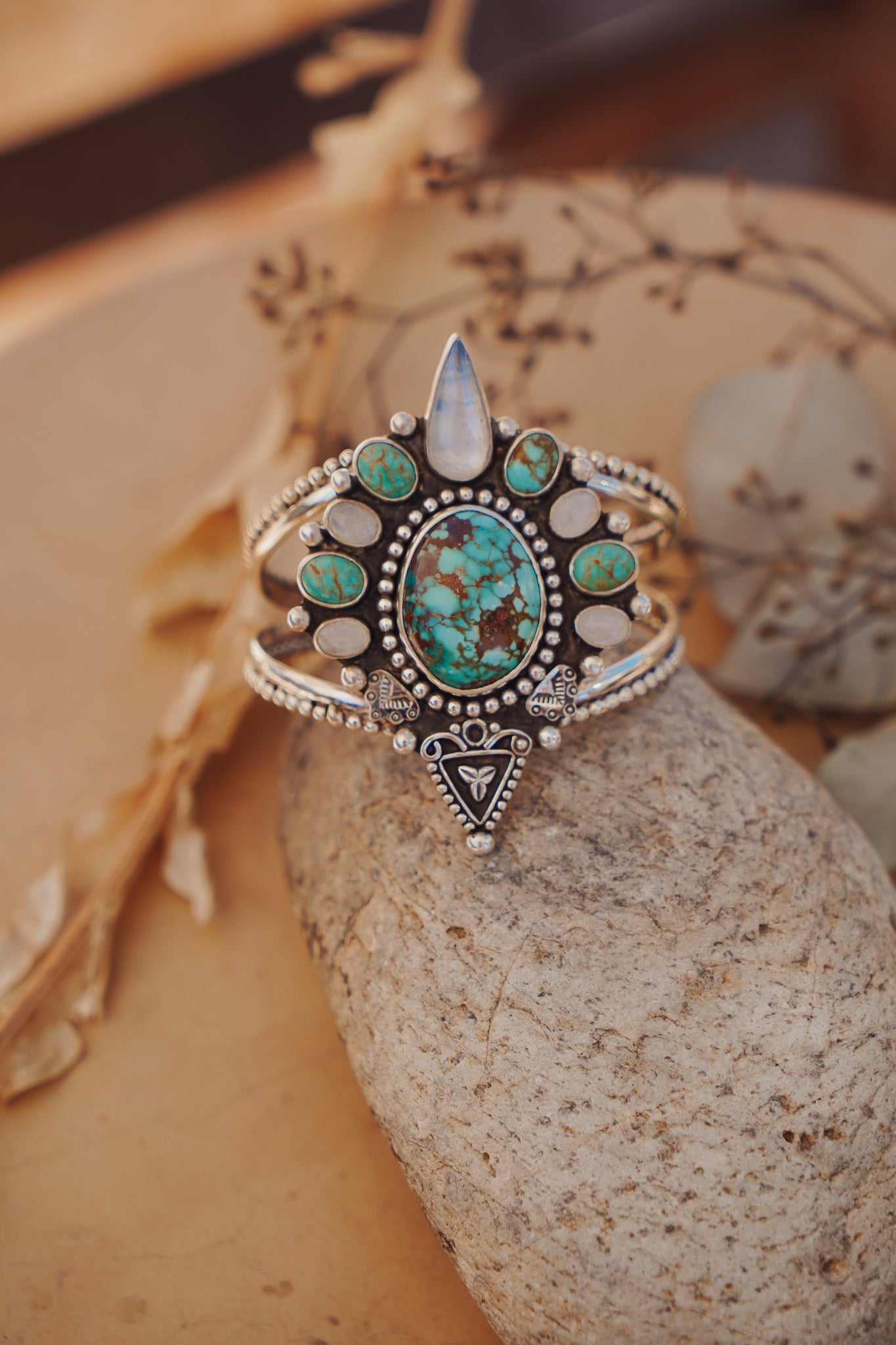 Cuff in Kingman, Hubei, and Rainbow Moonstone - Golden Road Crafted