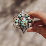 Cuff in Kingman, Hubei, and Rainbow Moonstone - Golden Road Crafted