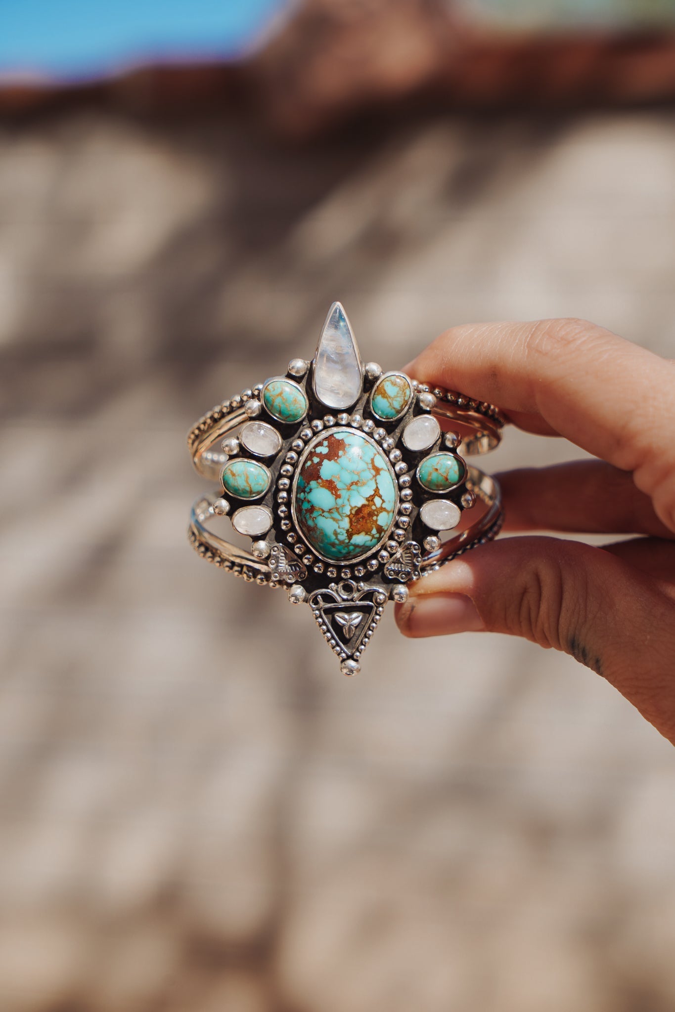 Cuff in Kingman, Hubei, and Rainbow Moonstone - Golden Road Crafted