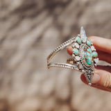 Cuff in Kingman, Hubei, and Rainbow Moonstone - Golden Road Crafted