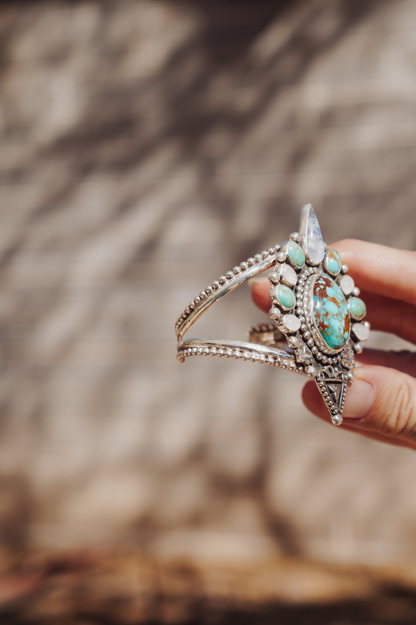 Cuff in Kingman, Hubei, and Rainbow Moonstone - Golden Road Crafted