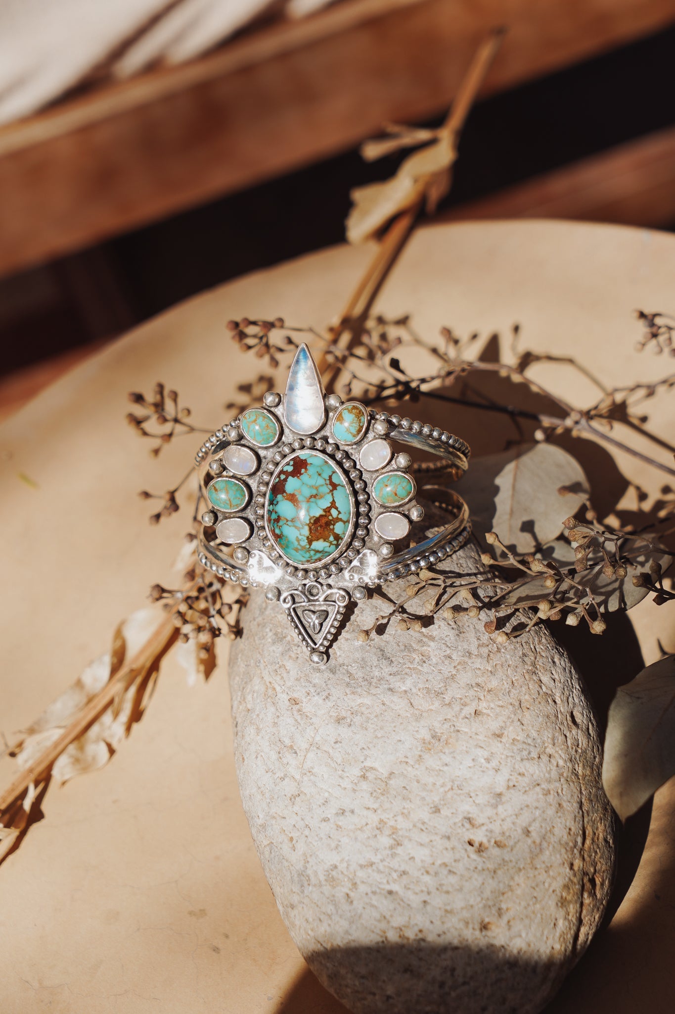 Cuff in Kingman, Hubei, and Rainbow Moonstone - Golden Road Crafted