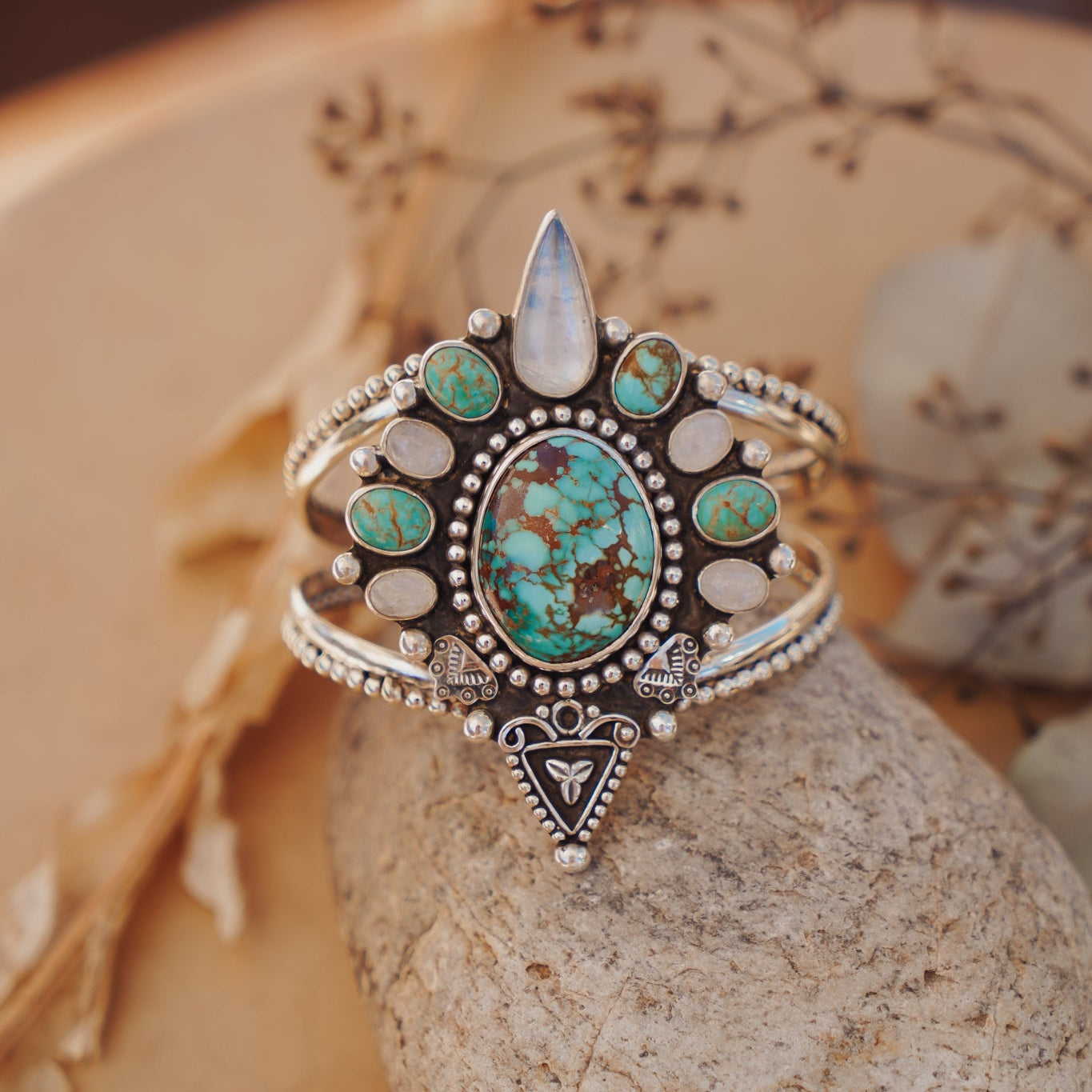 Cuff in Kingman, Hubei, and Rainbow Moonstone - Golden Road Crafted