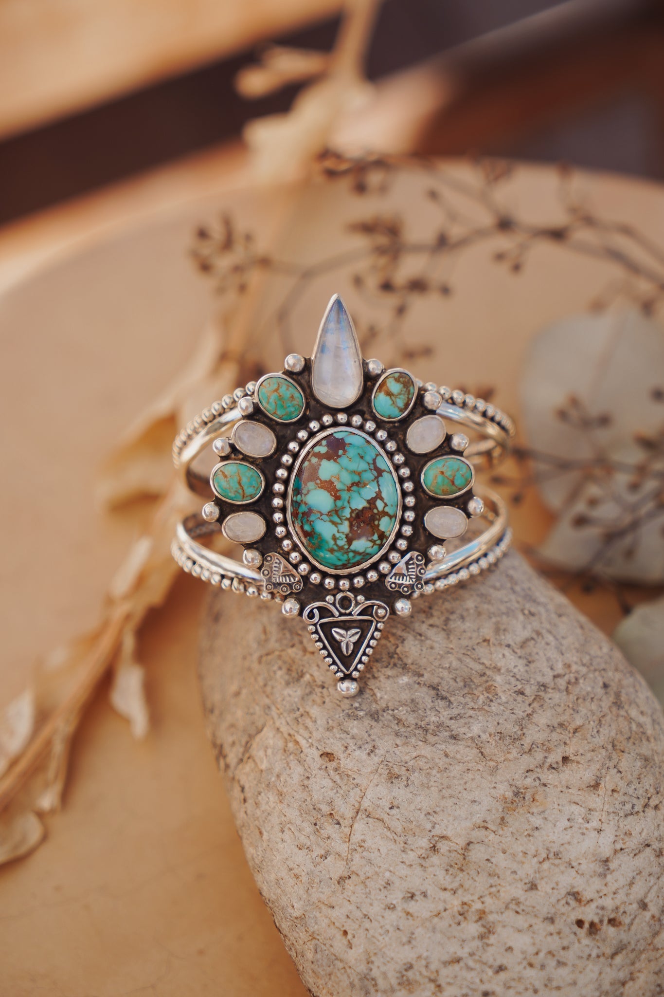 Cuff in Kingman, Hubei, and Rainbow Moonstone - Golden Road Crafted