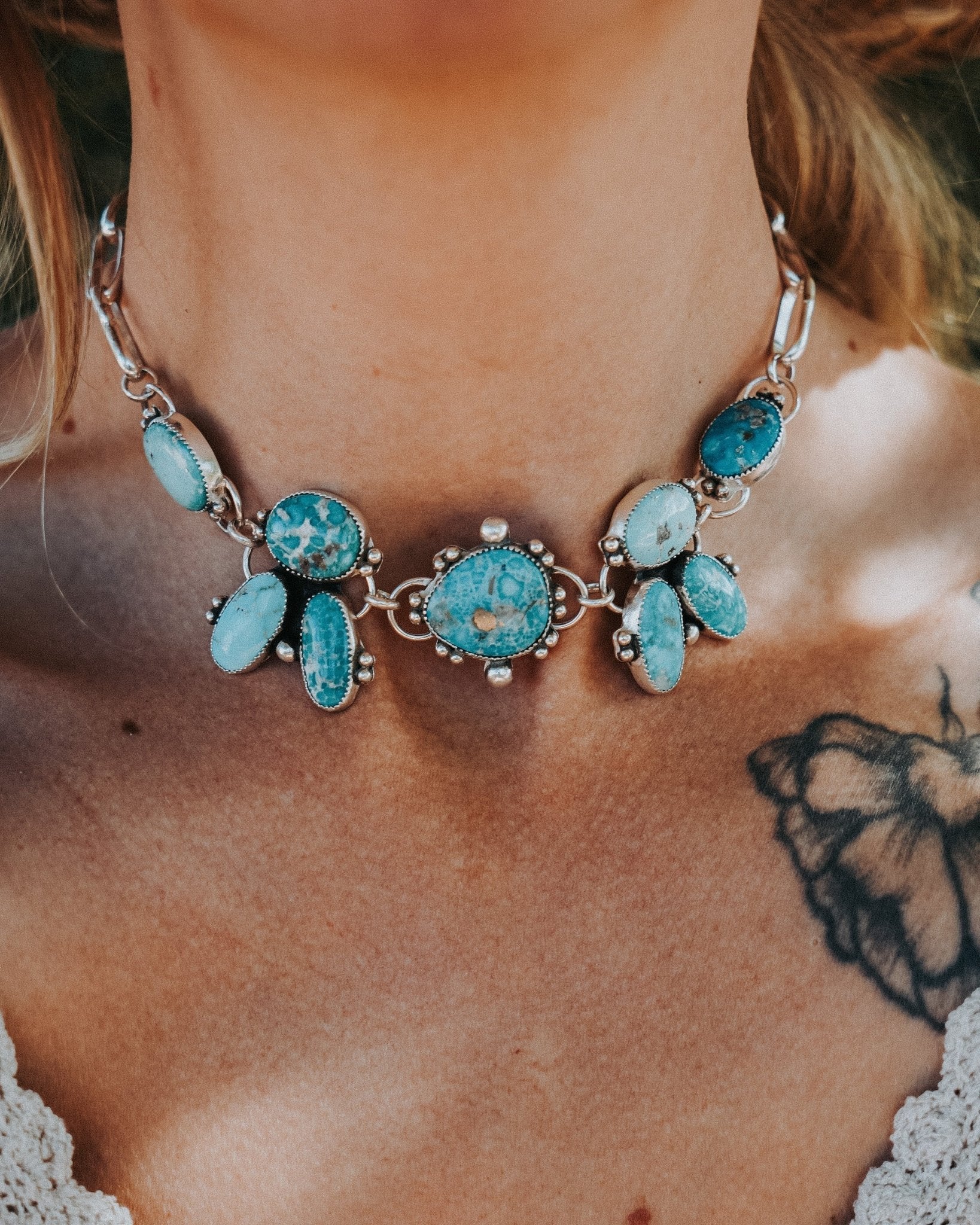 *CUSTOM* The Desert Rain Choker in Whitewater & Sonoran Mountain Turquoise - Golden Road Crafted