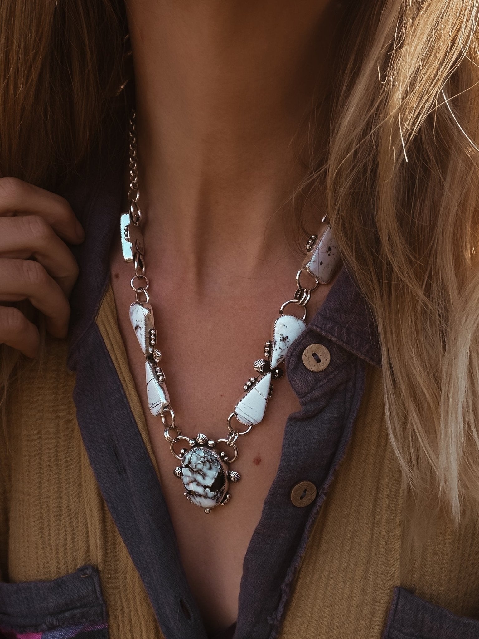 *CUSTOM* The Gateway Necklace in Kingman Turquoise & White Buffalo - Golden Road Crafted
