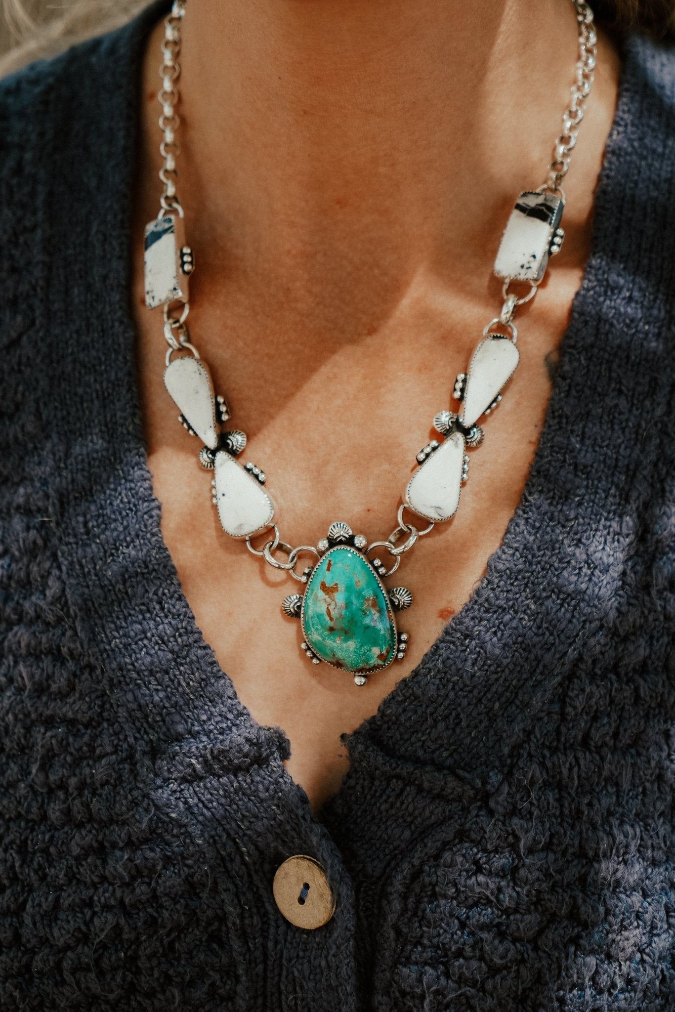 *CUSTOM* The Gateway Necklace in Kingman Turquoise & White Buffalo - Golden Road Crafted