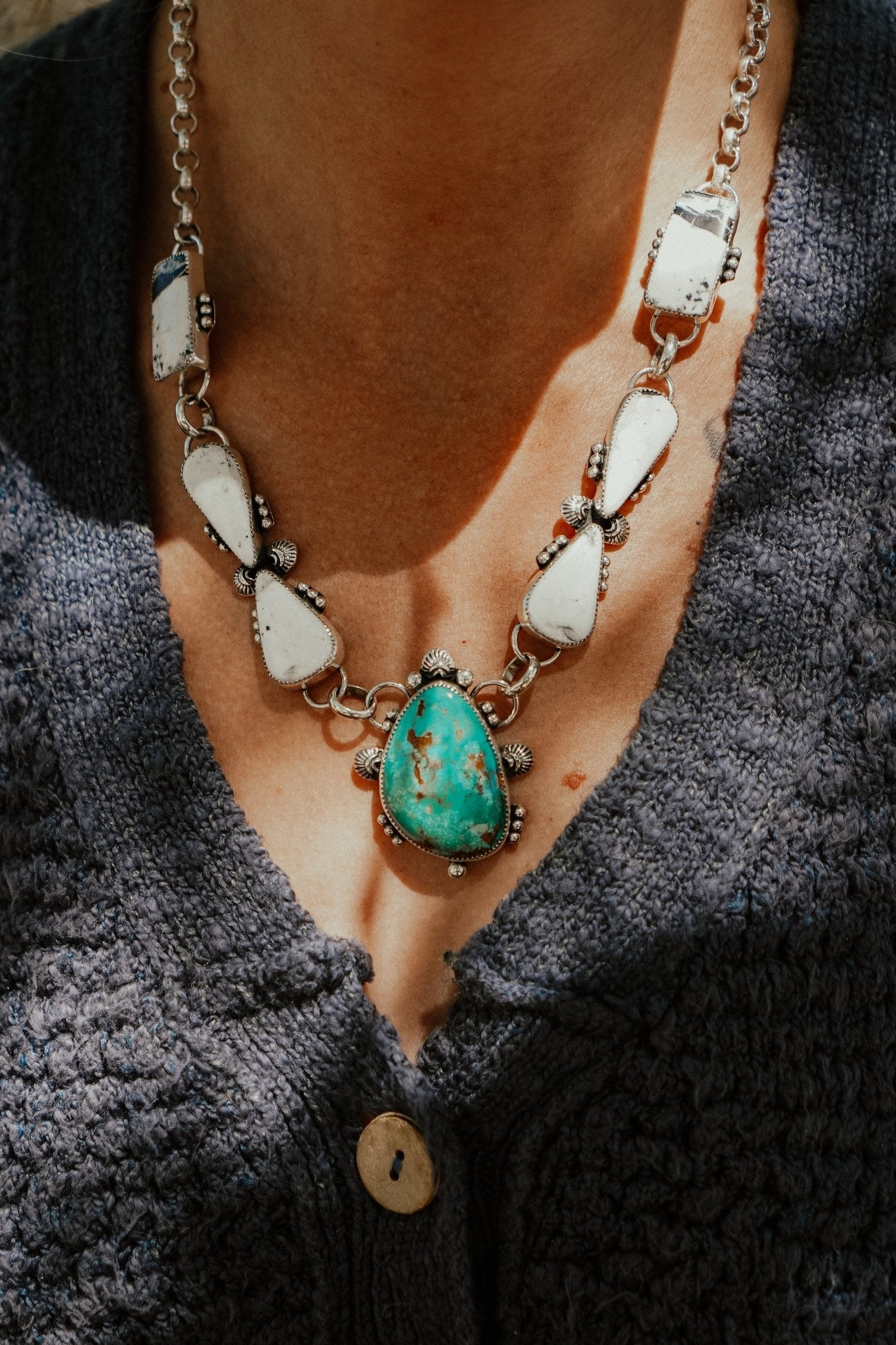 *CUSTOM* The Gateway Necklace in Kingman Turquoise & White Buffalo - Golden Road Crafted