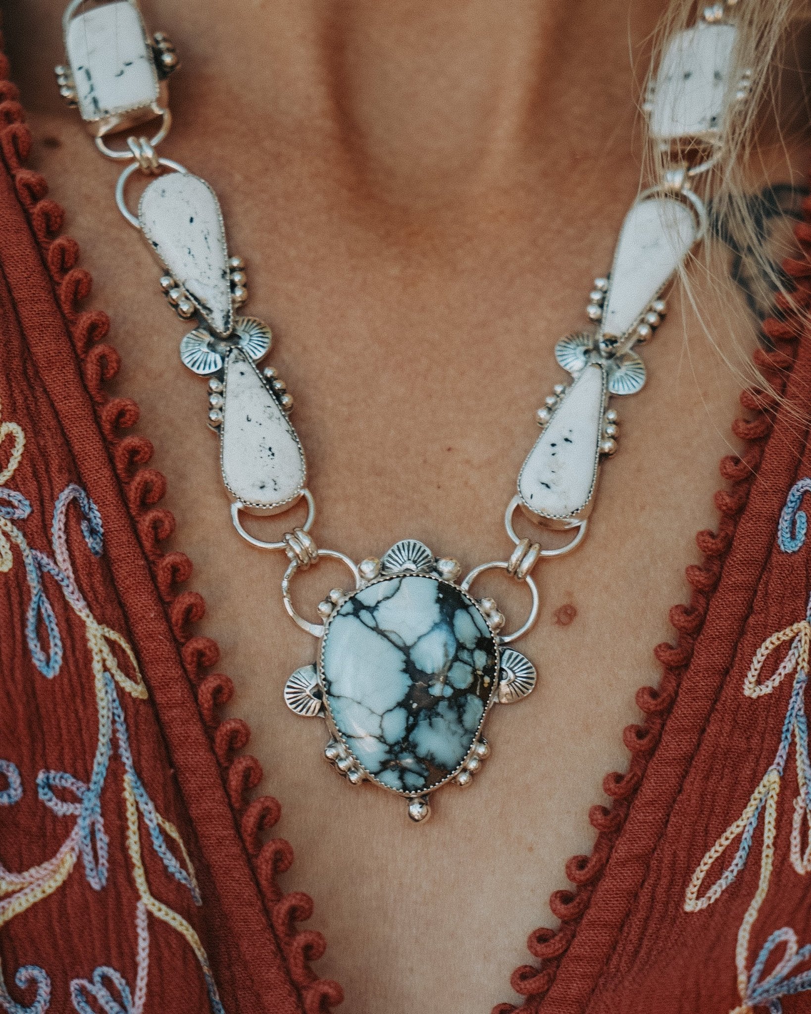 *CUSTOM* The Gateway Necklace in Kingman Turquoise & White Buffalo - Golden Road Crafted