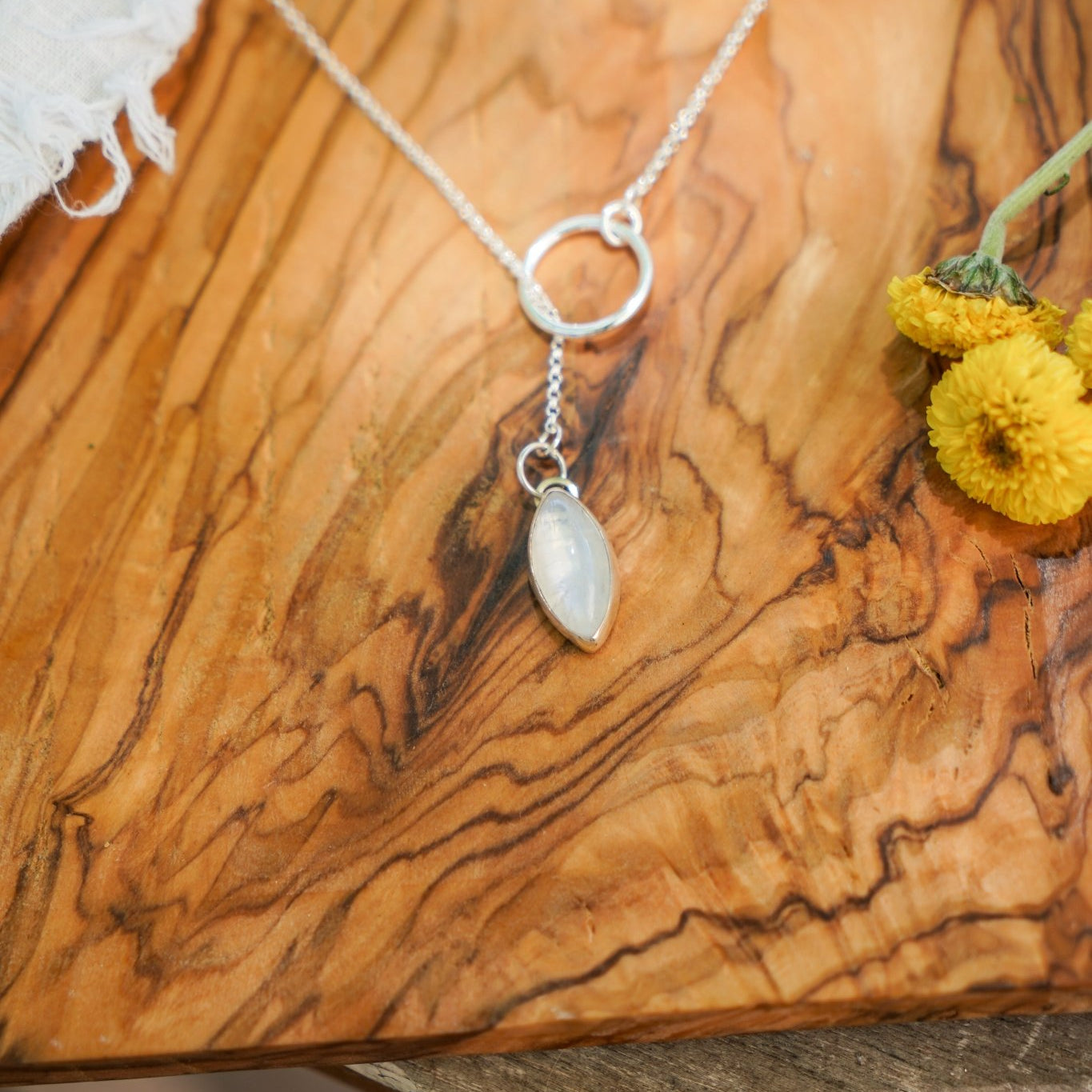 Dainty Lariat in Moonstone - Golden Road Crafted