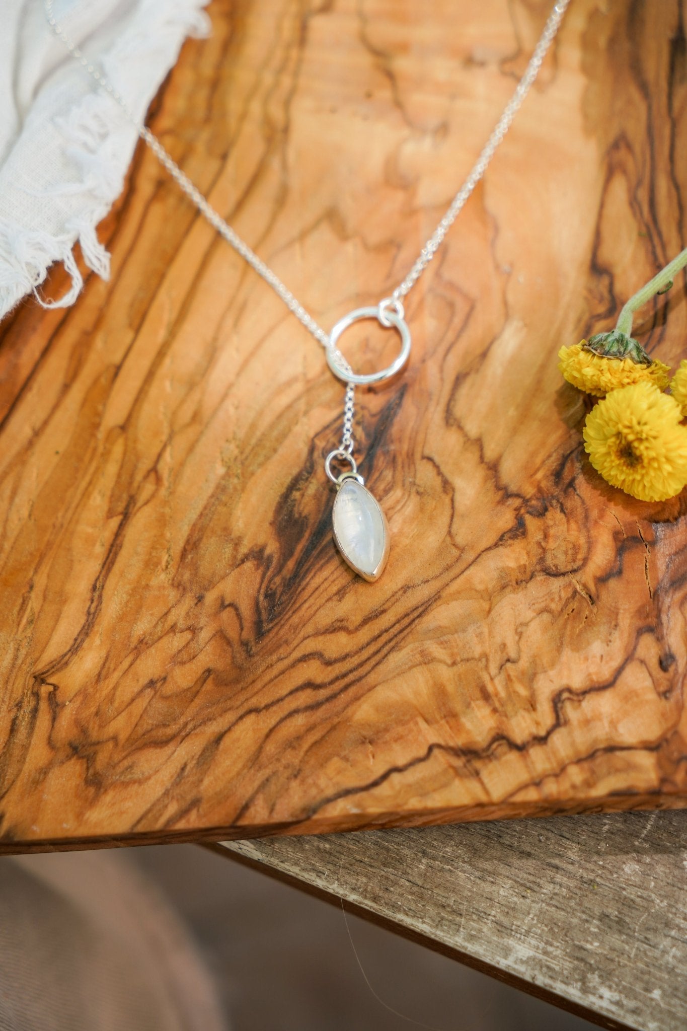 Dainty Lariat in Moonstone - Golden Road Crafted