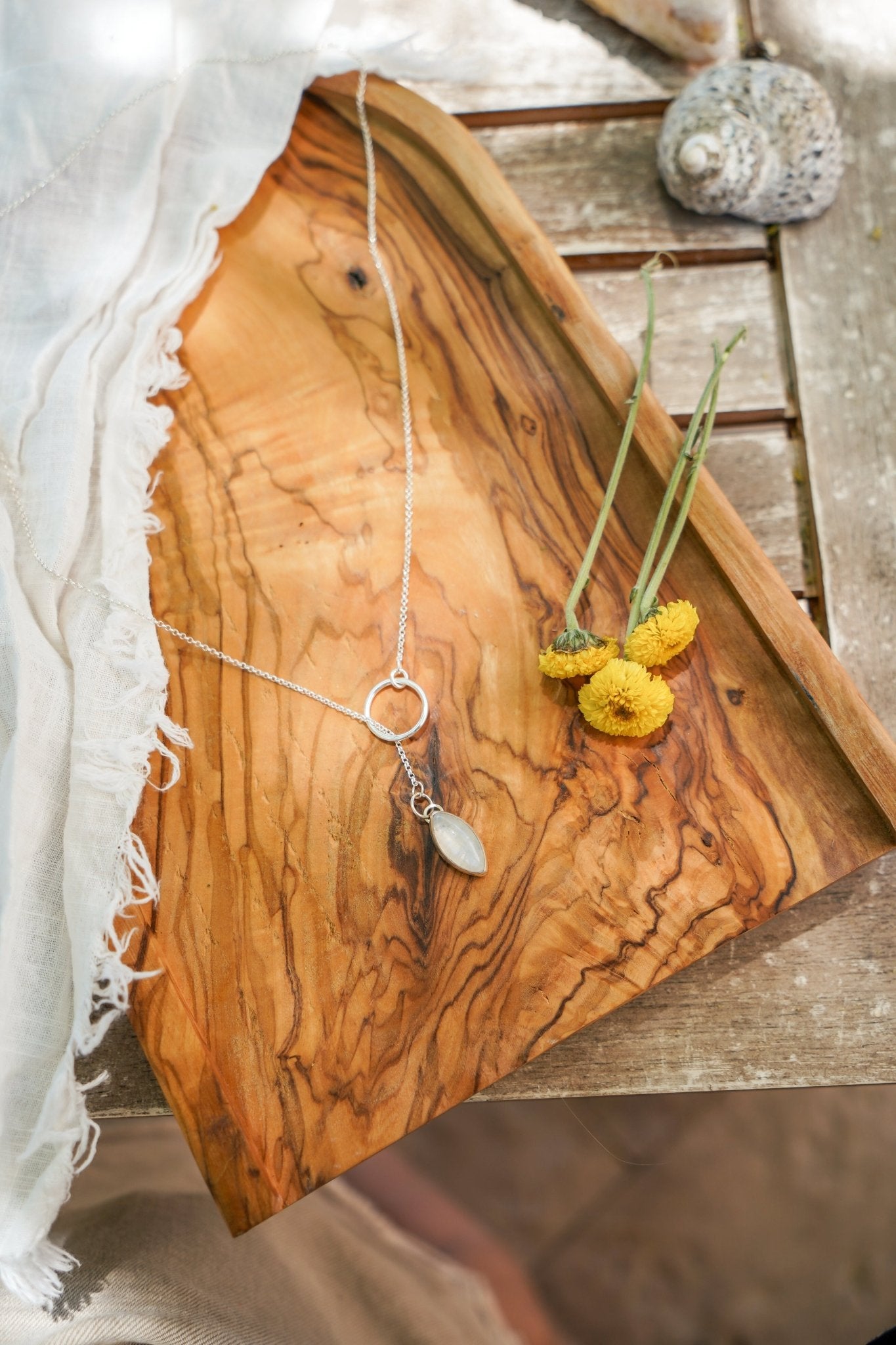Dainty Lariat in Moonstone - Golden Road Crafted