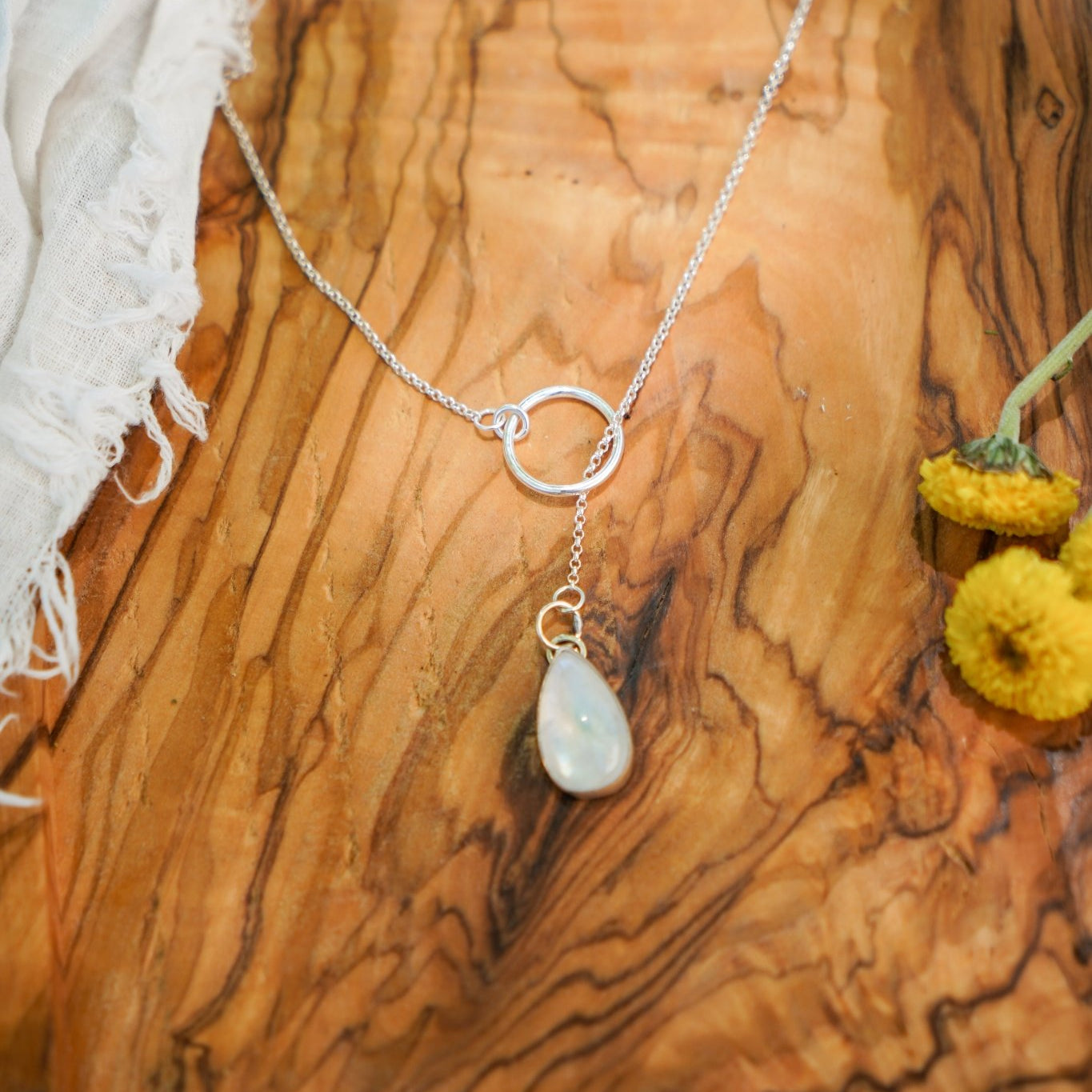 Dainty Lariat in Moonstone - Golden Road Crafted