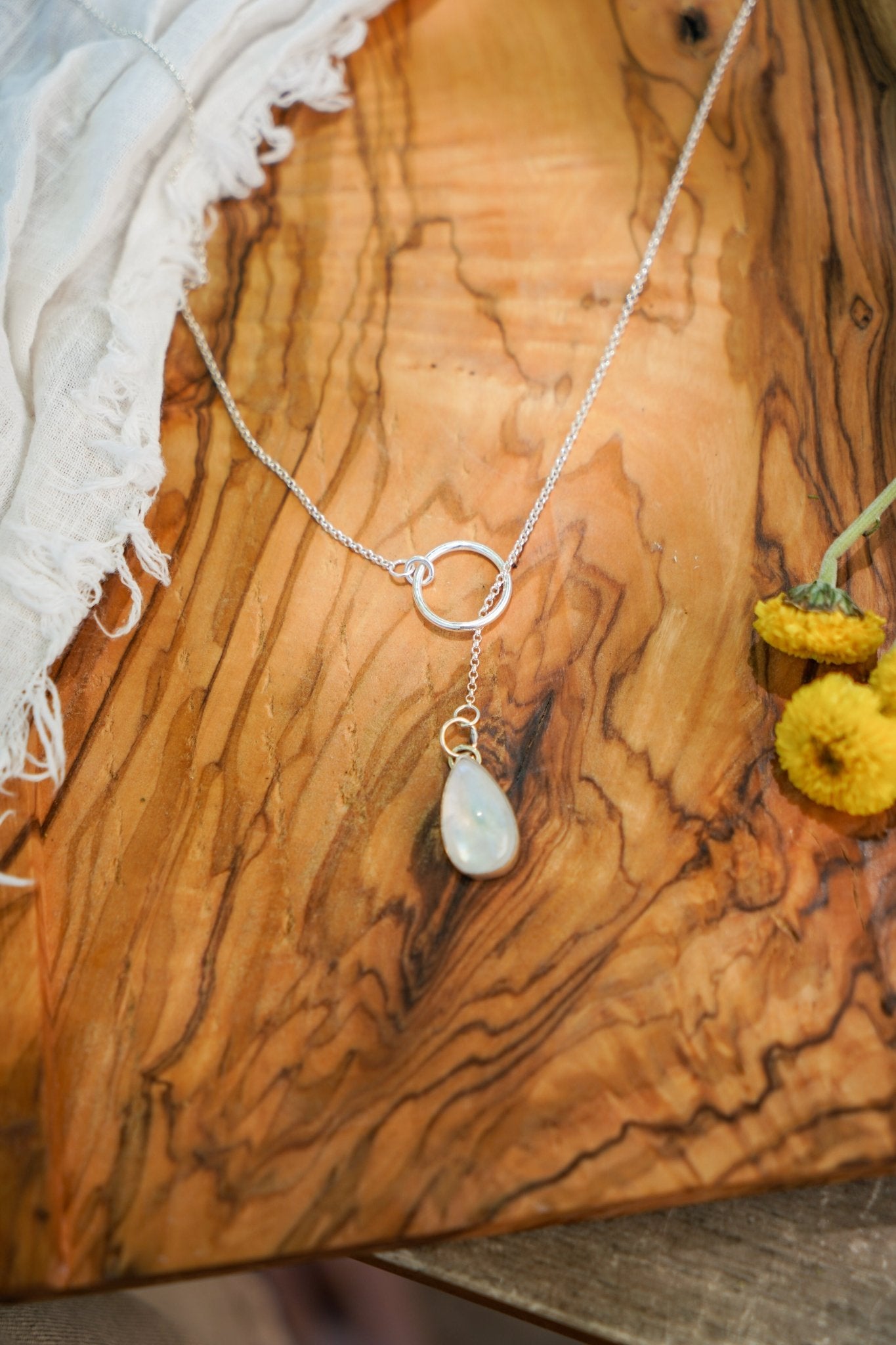 Dainty Lariat in Moonstone - Golden Road Crafted