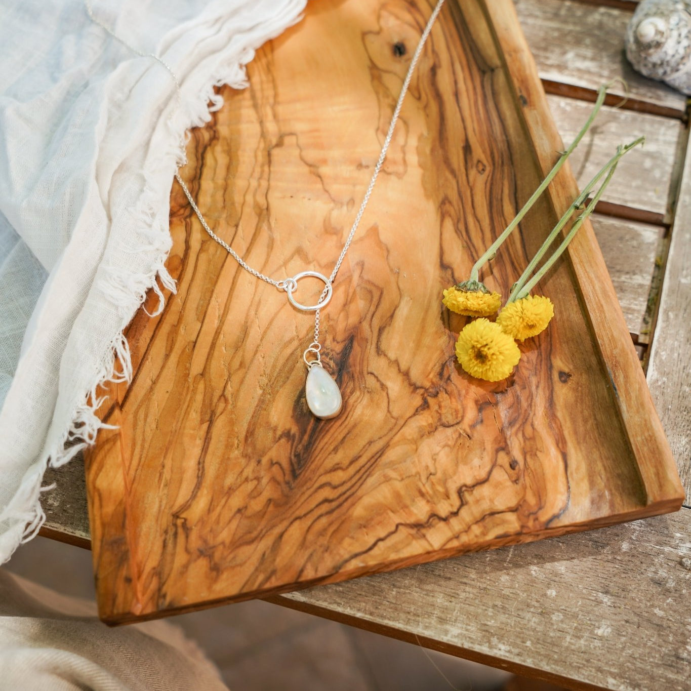 Dainty Lariat in Moonstone - Golden Road Crafted