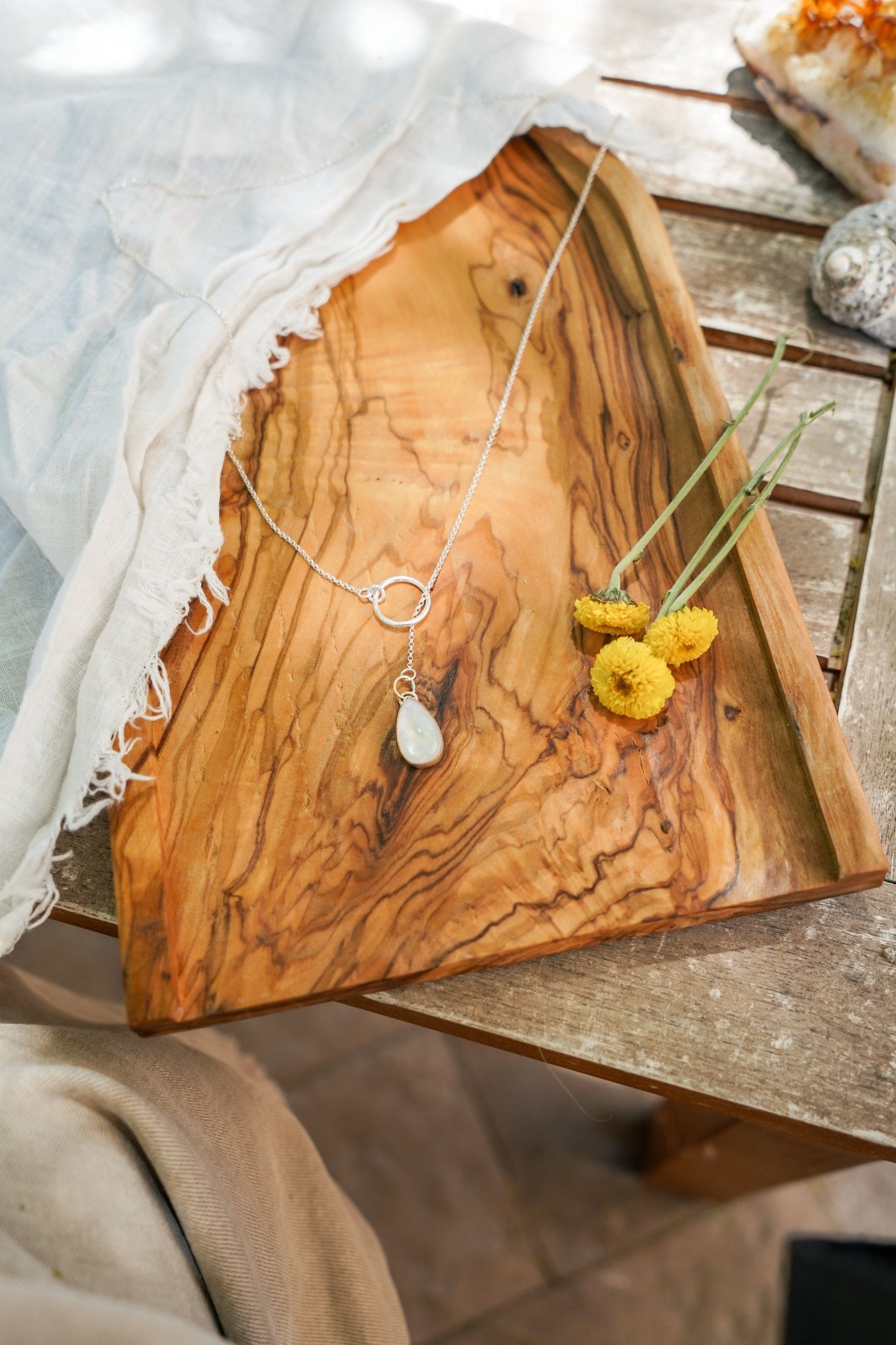 Dainty Lariat in Moonstone - Golden Road Crafted