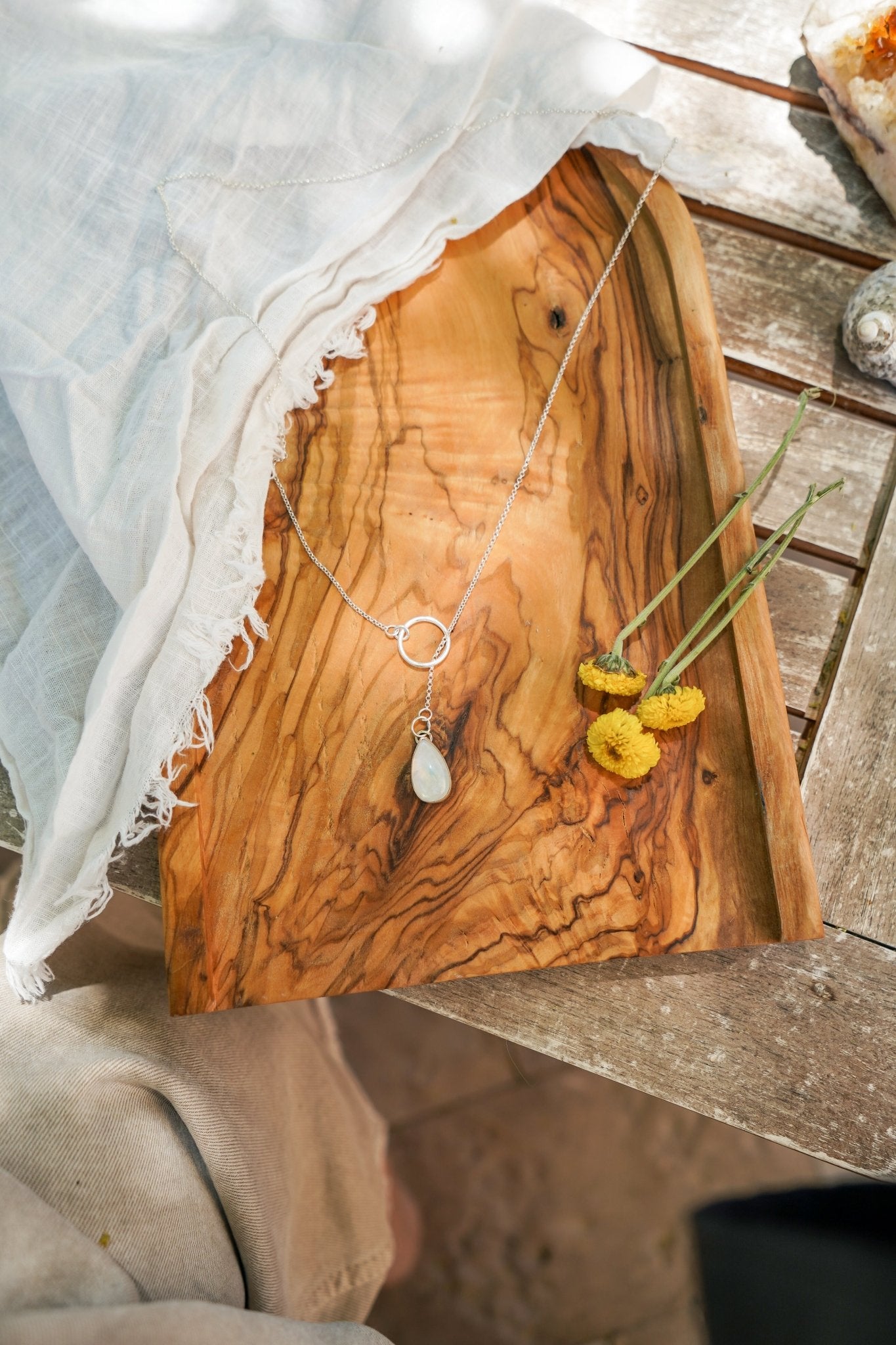 Dainty Lariat in Moonstone - Golden Road Crafted