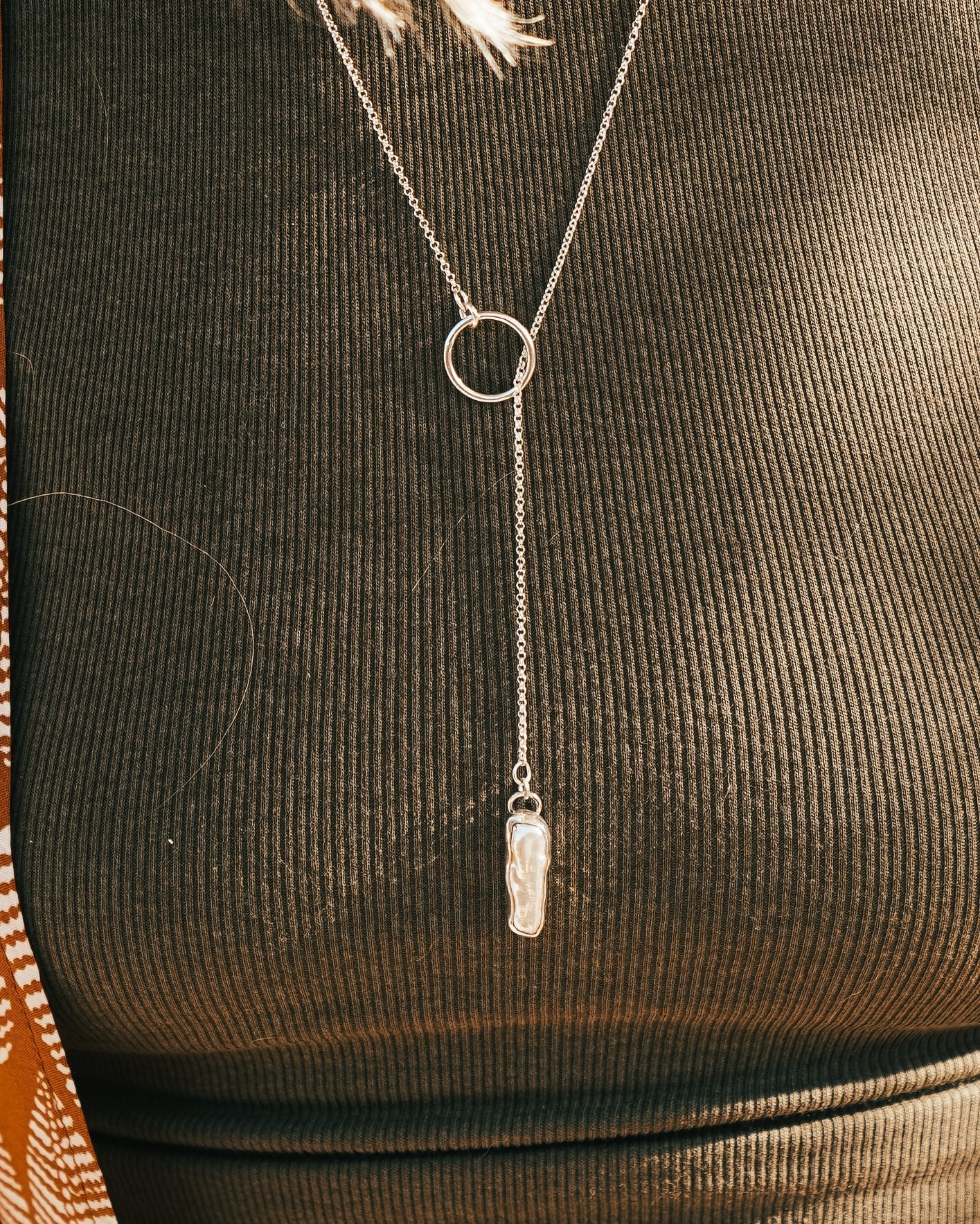 Dainty Lariat in Pearl - Golden Road Crafted