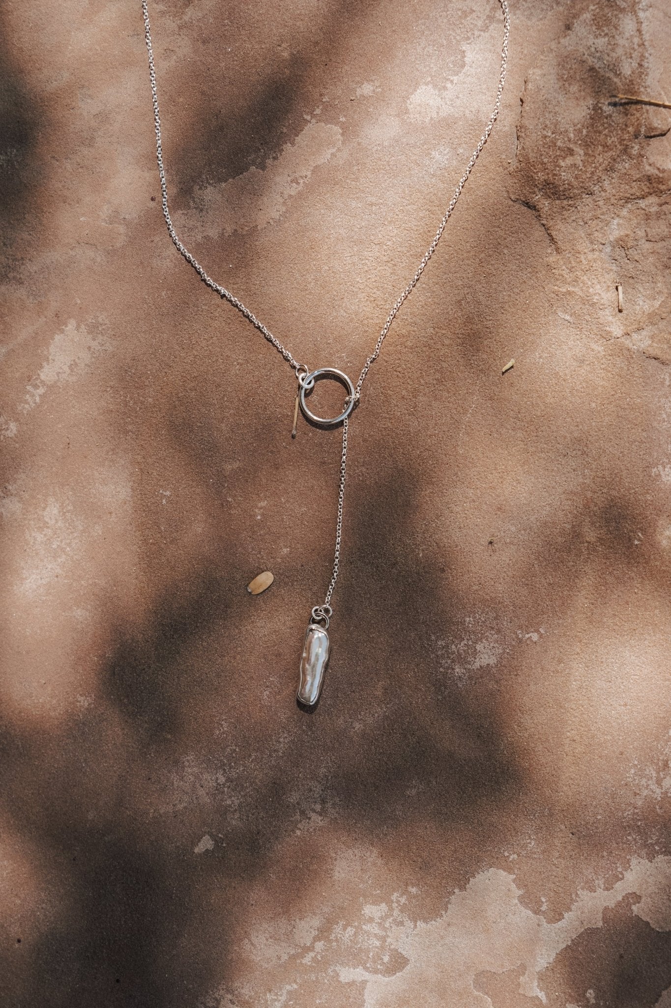 Dainty Lariat in Pearl - Golden Road Crafted