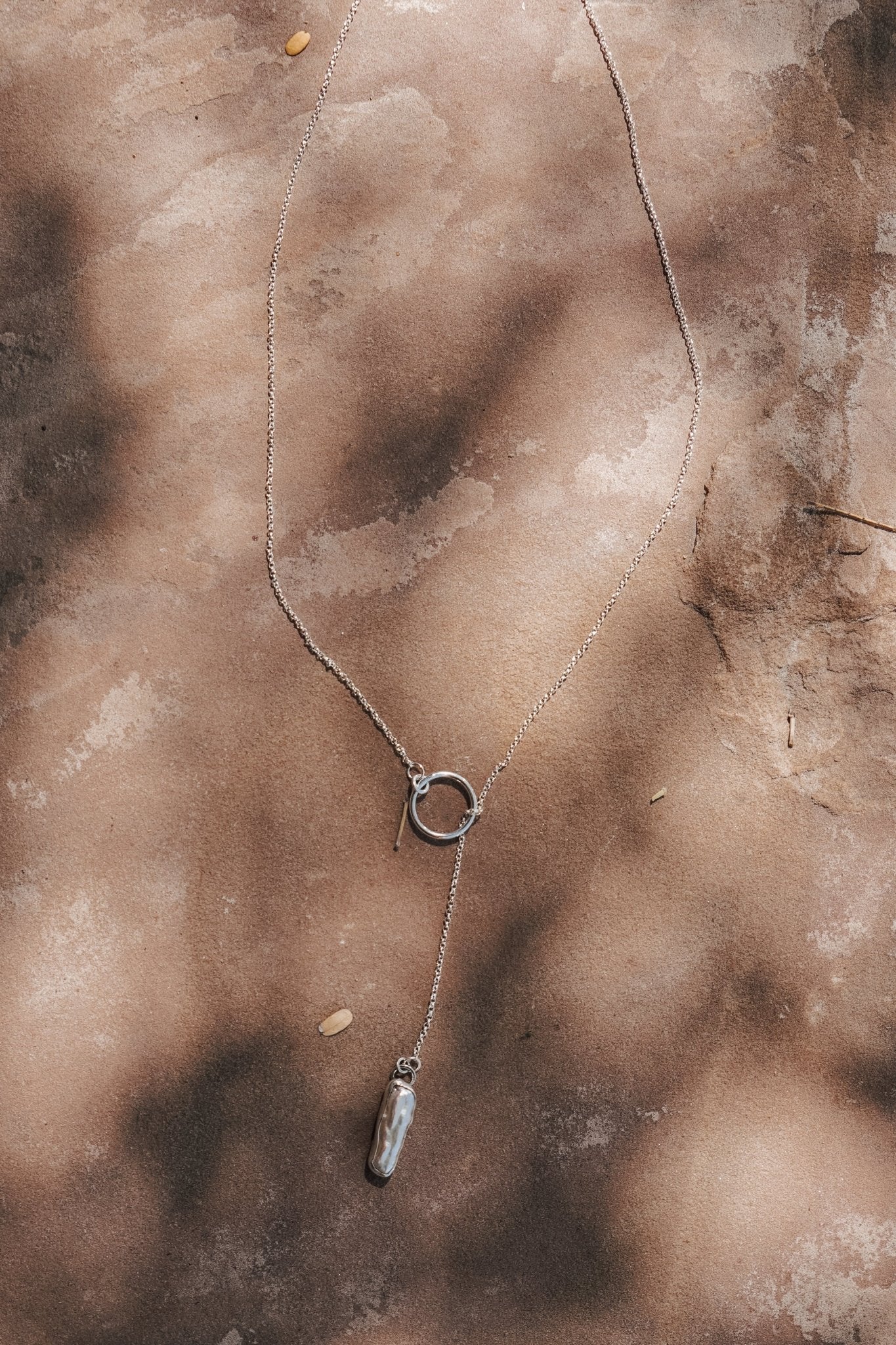 Dainty Lariat in Pearl - Golden Road Crafted