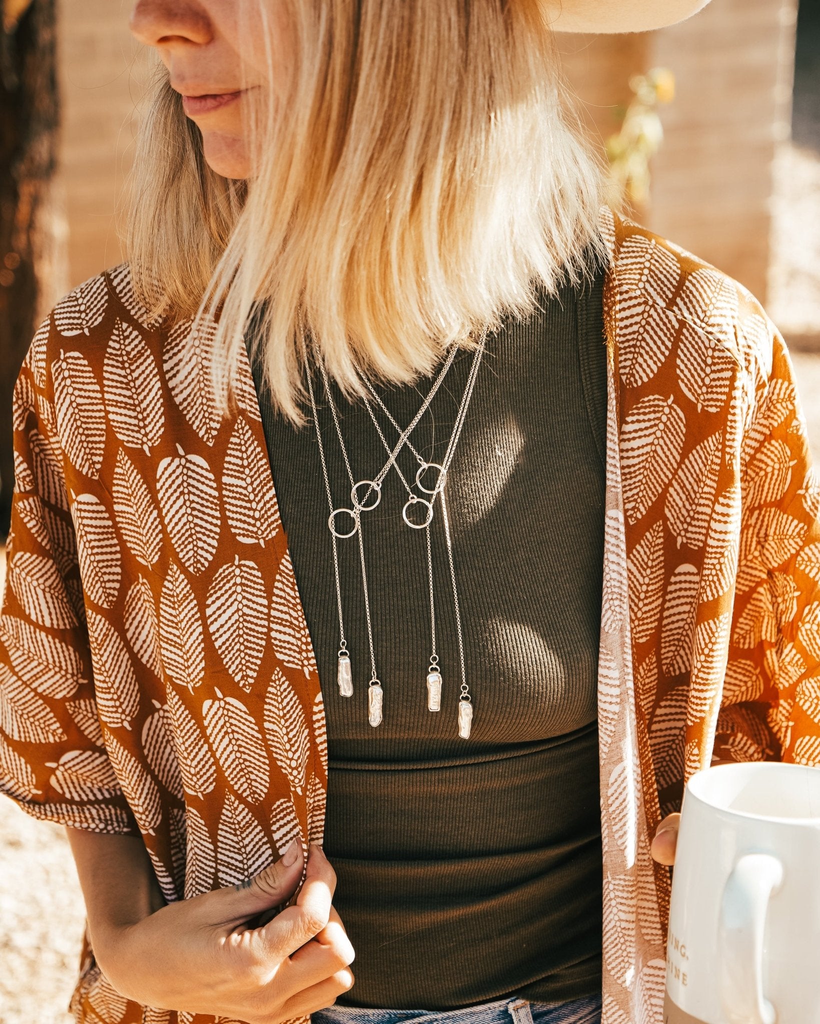Dainty Lariat in Pearl - Golden Road Crafted