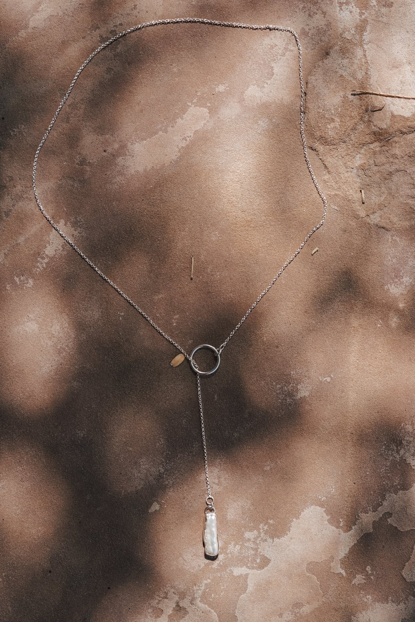 Dainty Lariat in Pearl - Golden Road Crafted