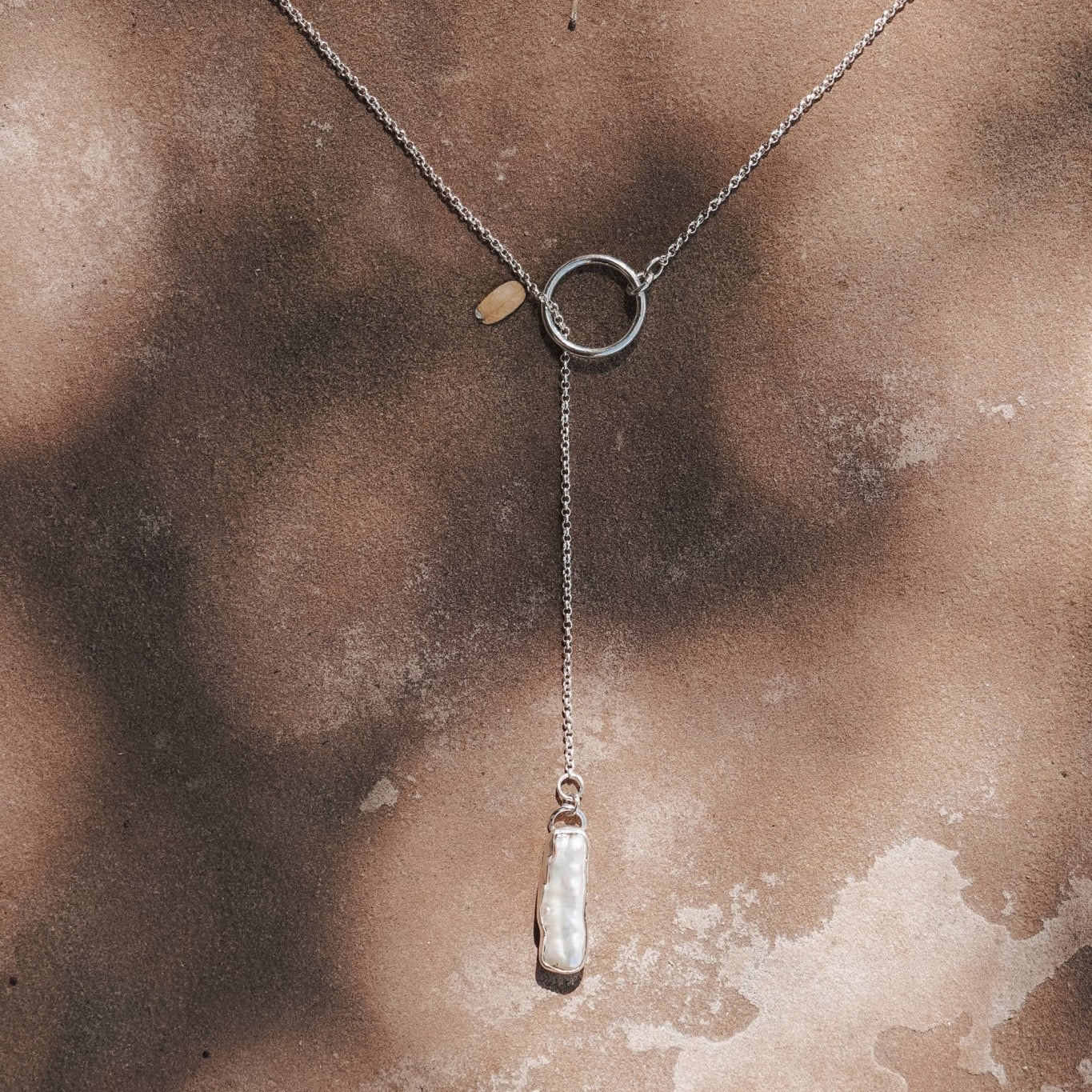 Dainty Lariat in Pearl - Golden Road Crafted