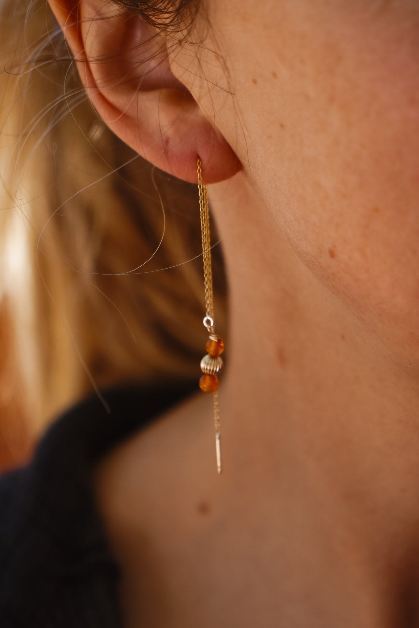 Dew Drop Ear Threaders in Carnelian + 14k Gold - fill - Golden Road Crafted