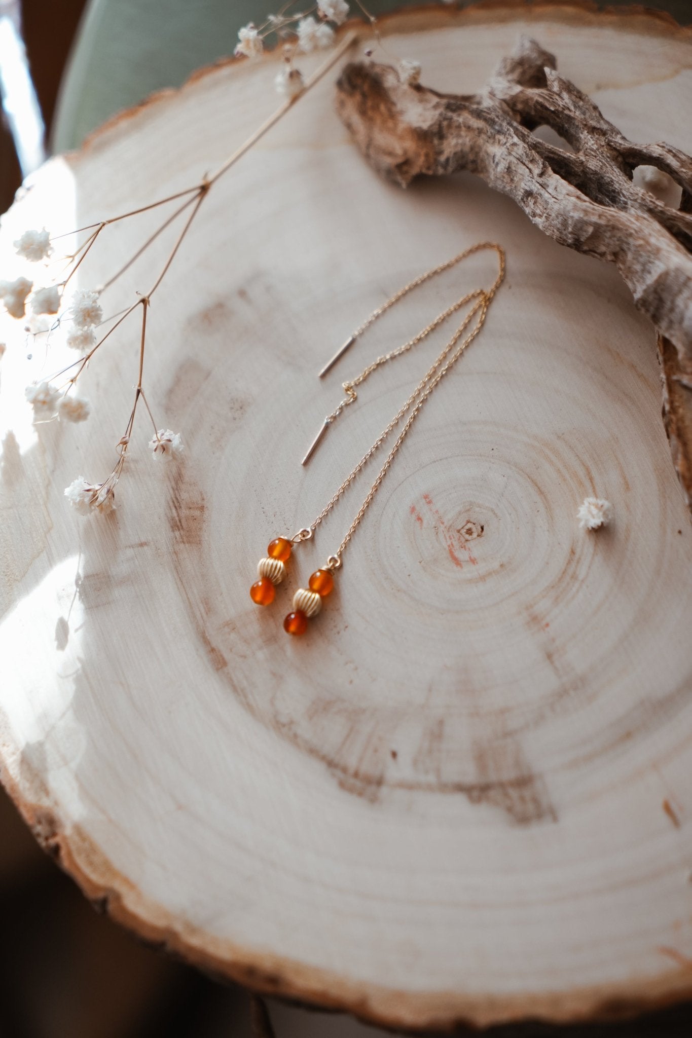 Dew Drop Ear Threaders in Carnelian + 14k Gold - fill - Golden Road Crafted